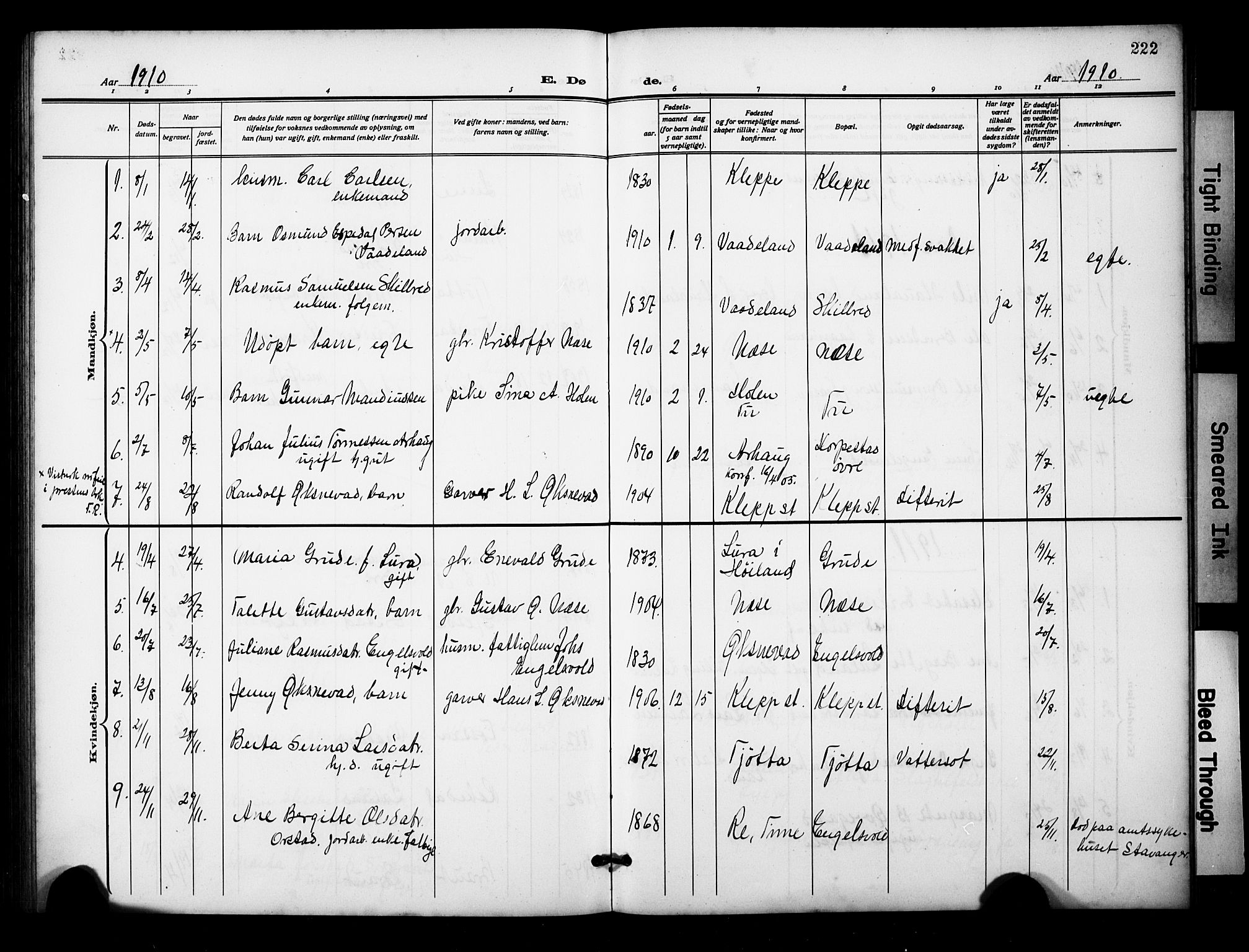 Klepp sokneprestkontor, AV/SAST-A-101803/001/3/30BB/L0007: Klokkerbok nr. B 7, 1908-1934, s. 222