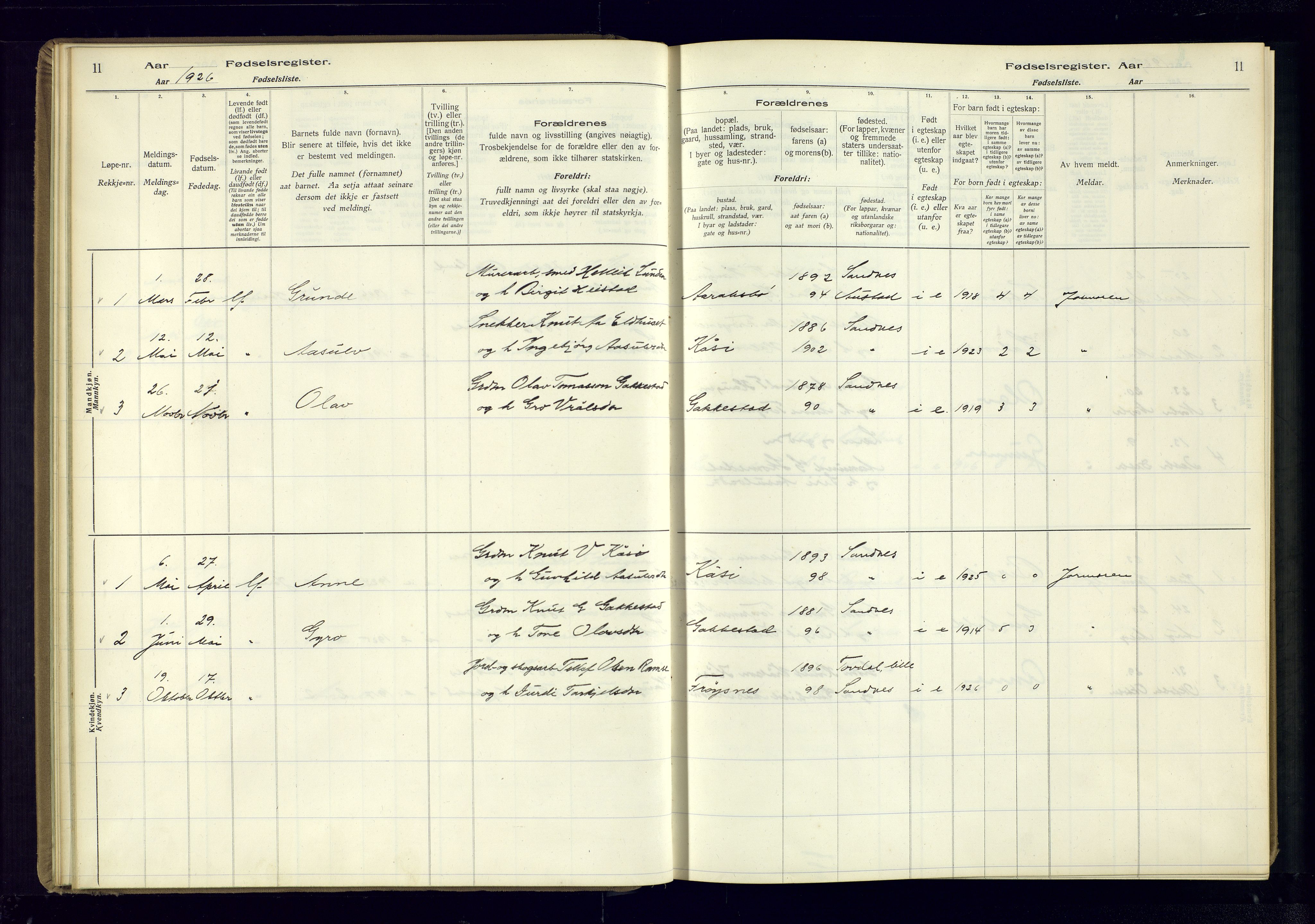 Bygland sokneprestkontor, AV/SAK-1111-0006/J/Ja/L0003: Fødselsregister nr. II.4.4, 1916-1980, s. 11