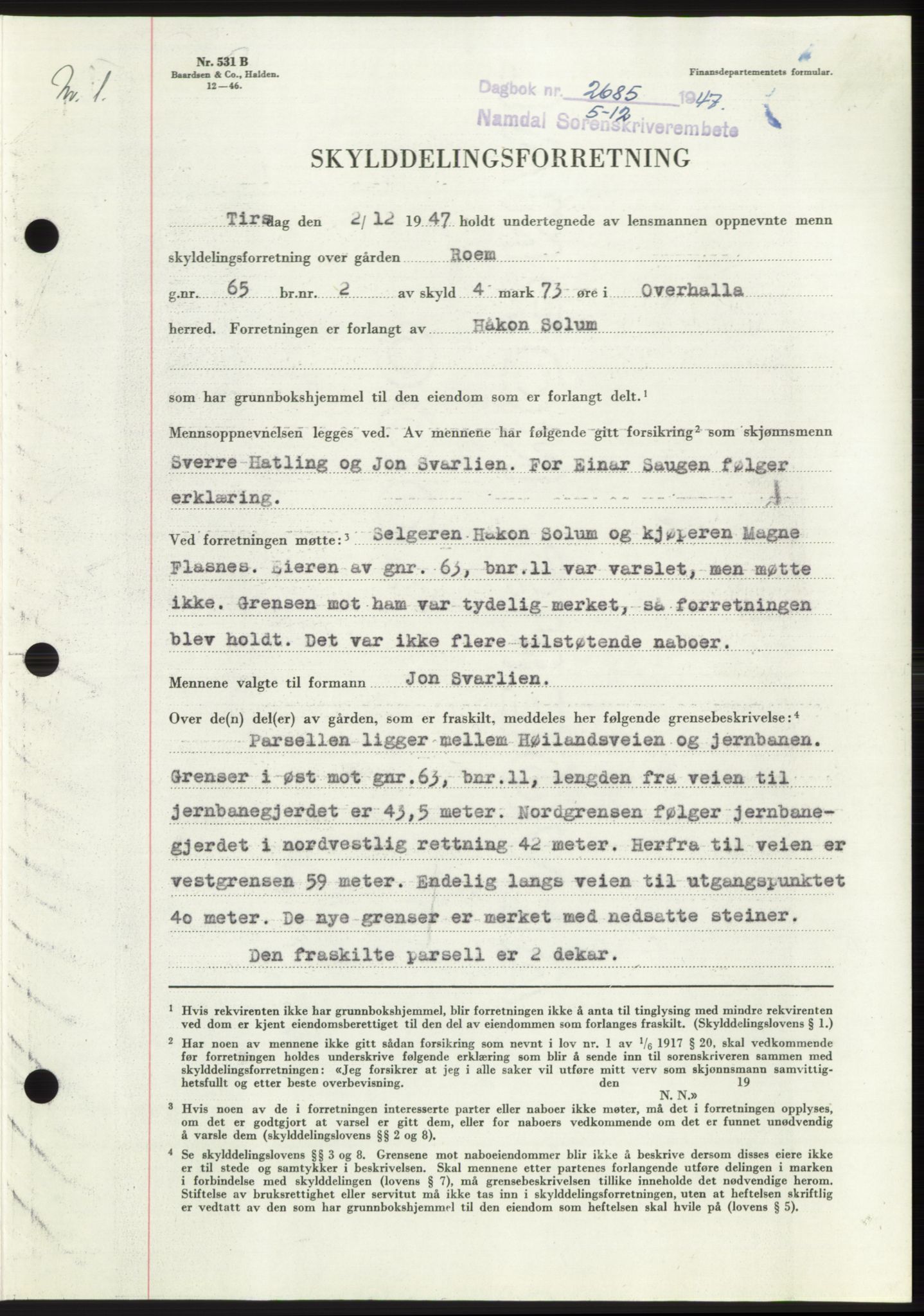 Namdal sorenskriveri, SAT/A-4133/1/2/2C: Pantebok nr. -, 1947-1948, Dagboknr: 2685/1947