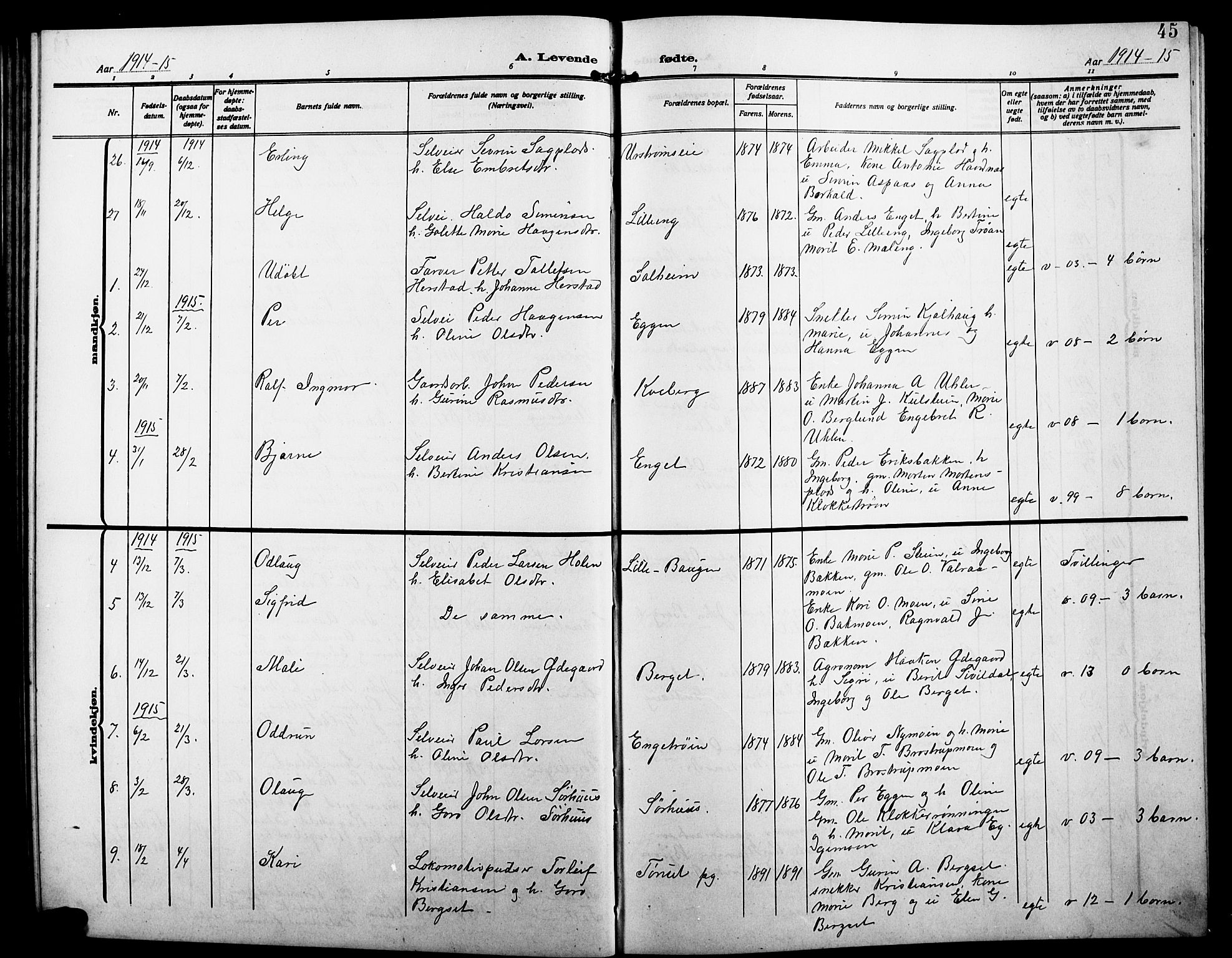 Alvdal prestekontor, AV/SAH-PREST-060/H/Ha/Hab/L0005: Klokkerbok nr. 5, 1908-1923, s. 45