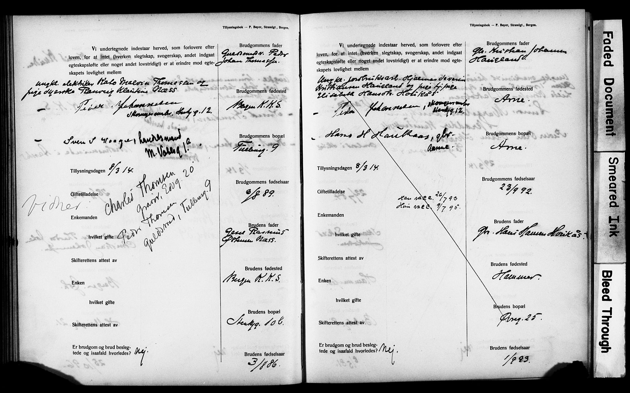Mariakirken Sokneprestembete, SAB/A-76901: Forlovererklæringer nr. II.5.3, 1909-1917, s. 111