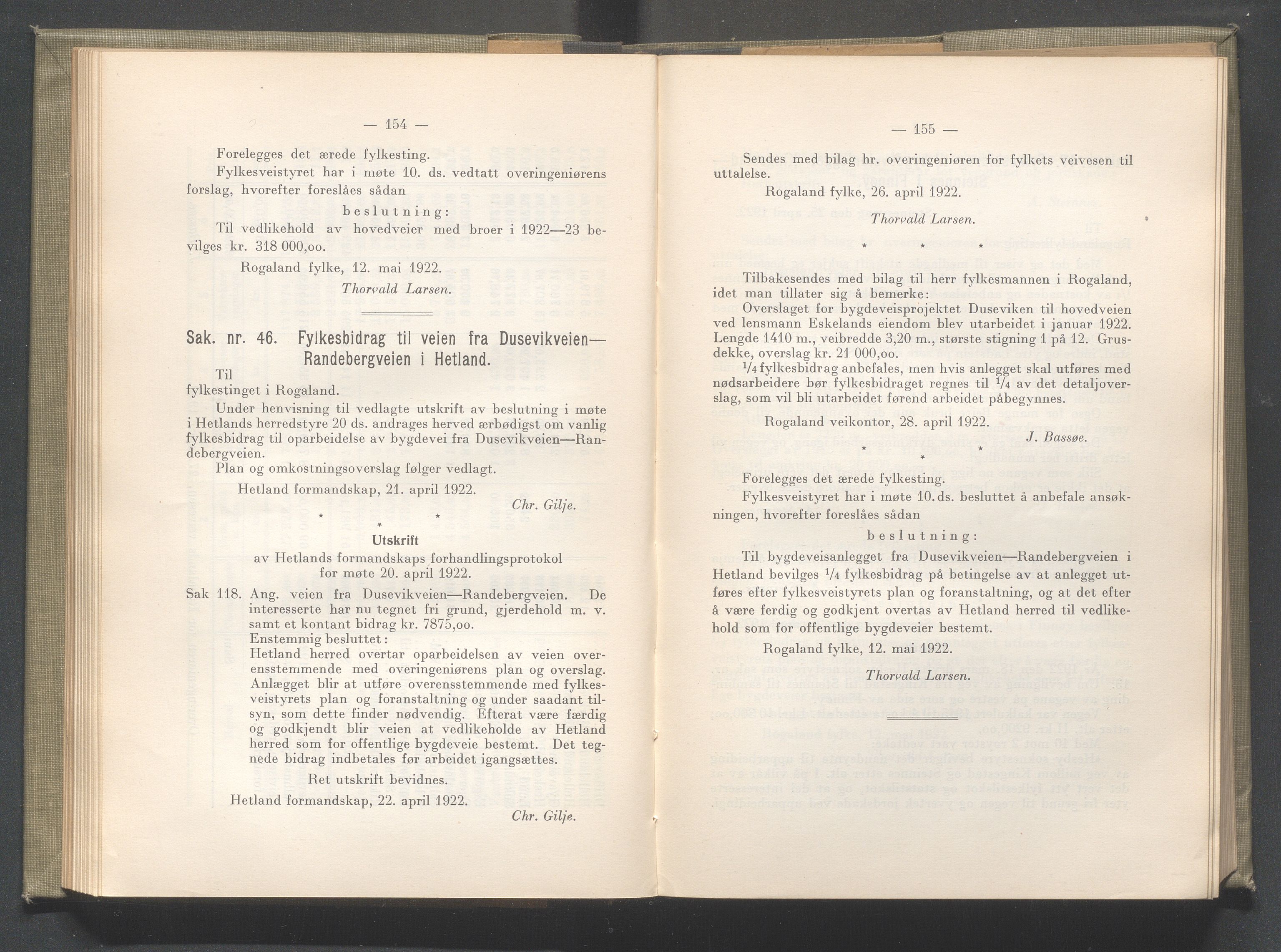 Rogaland fylkeskommune - Fylkesrådmannen , IKAR/A-900/A/Aa/Aaa/L0041: Møtebok , 1922, s. 154-155