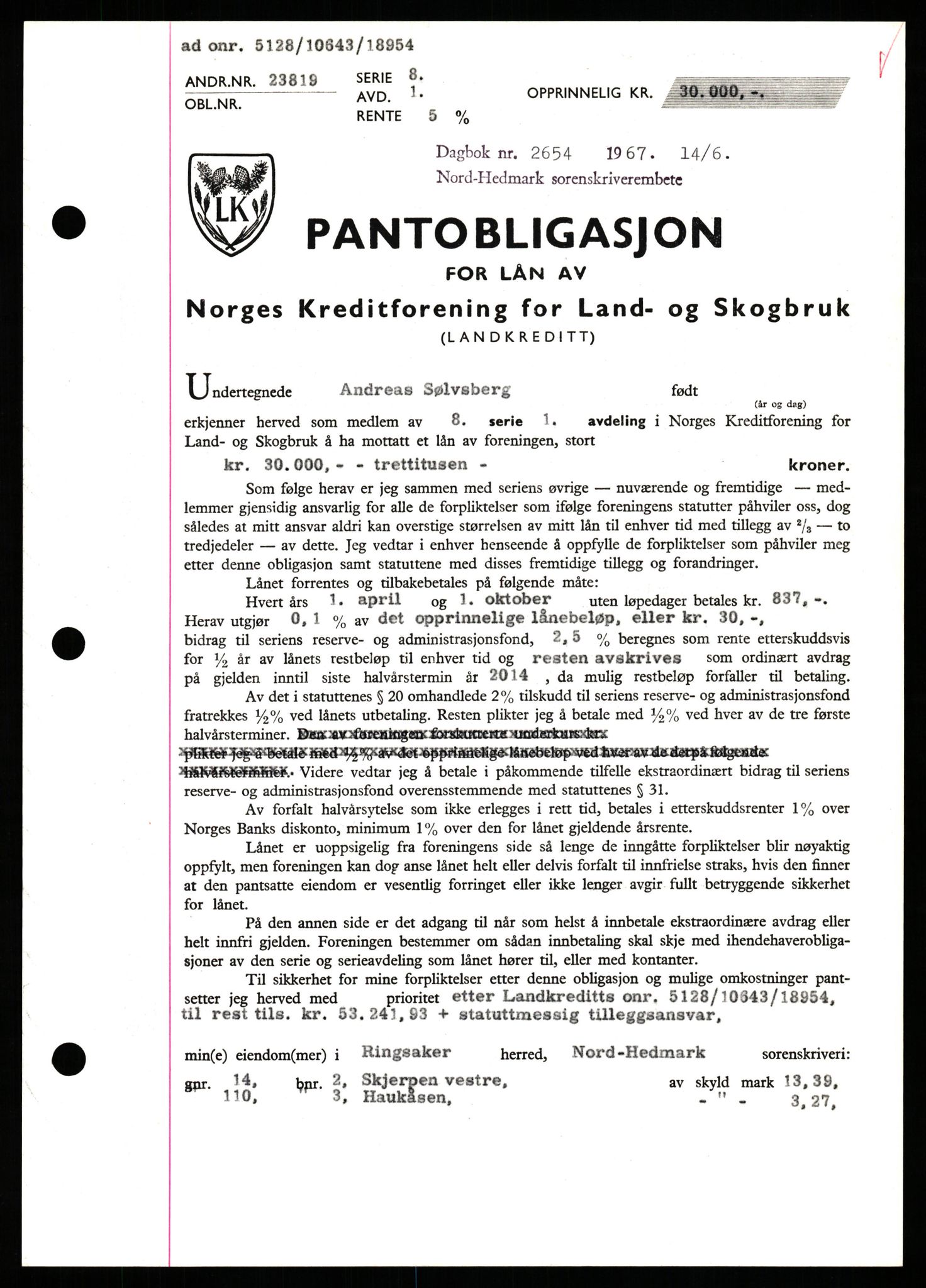 Nord-Hedmark sorenskriveri, SAH/TING-012/H/Hb/Hbf/L0071: Pantebok nr. B71, 1967-1967, Dagboknr: 2654/1967