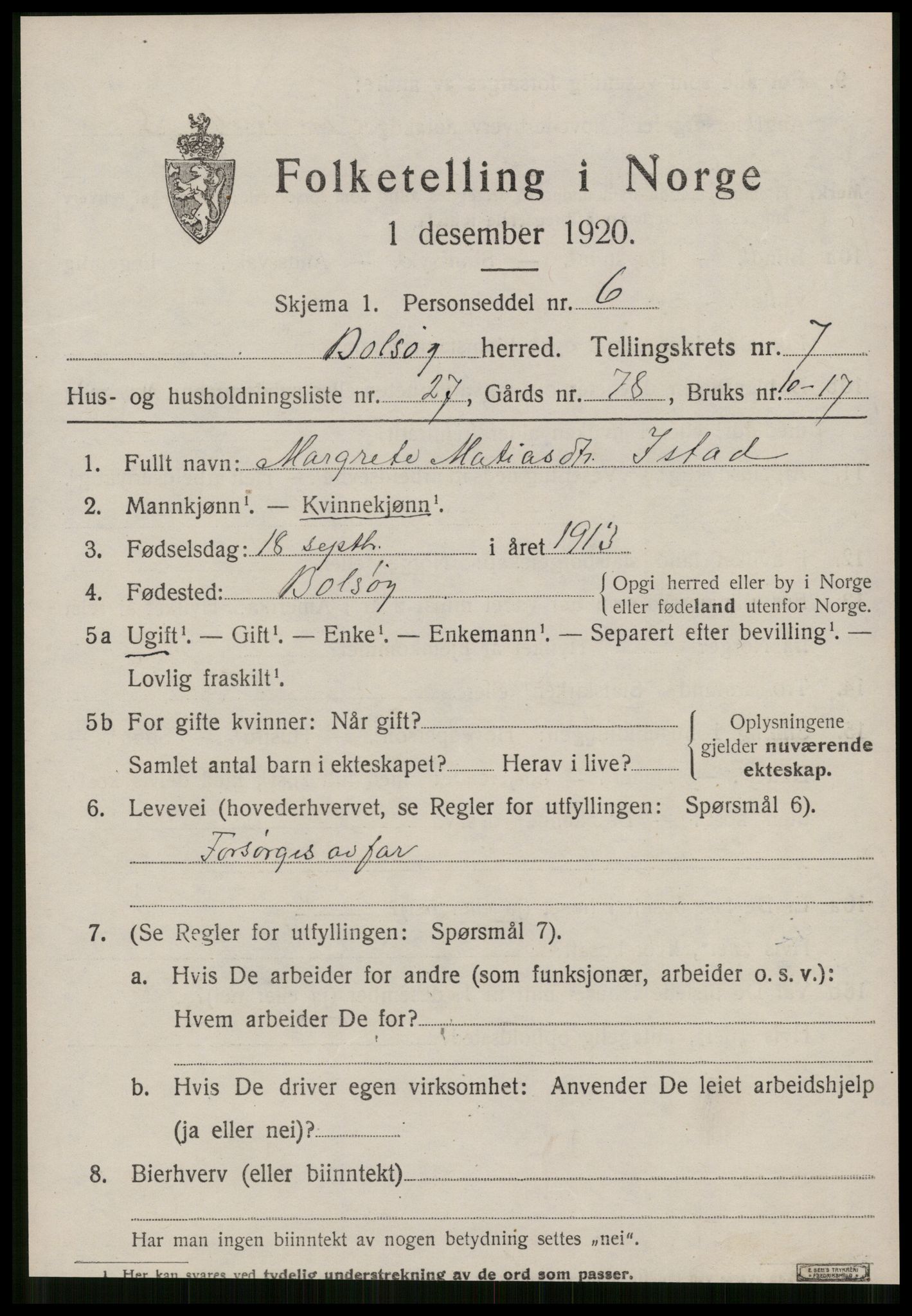 SAT, Folketelling 1920 for 1544 Bolsøy herred, 1920, s. 9289