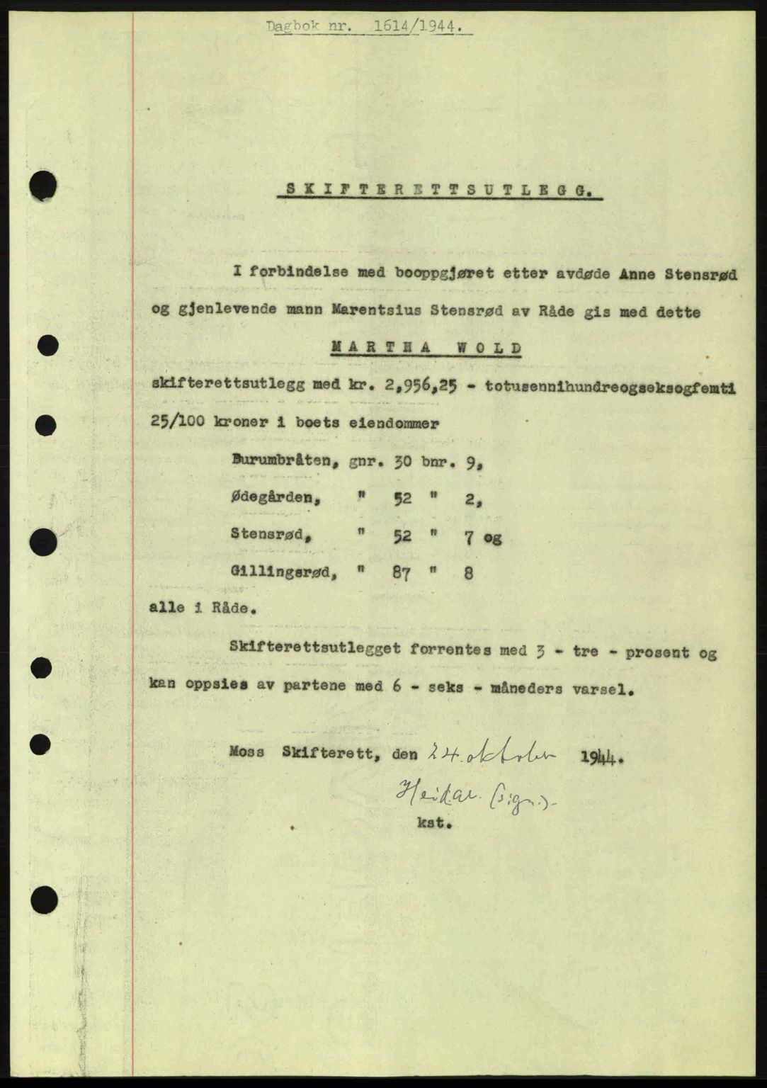 Moss sorenskriveri, SAO/A-10168: Pantebok nr. B13, 1943-1945, Dagboknr: 1614/1944