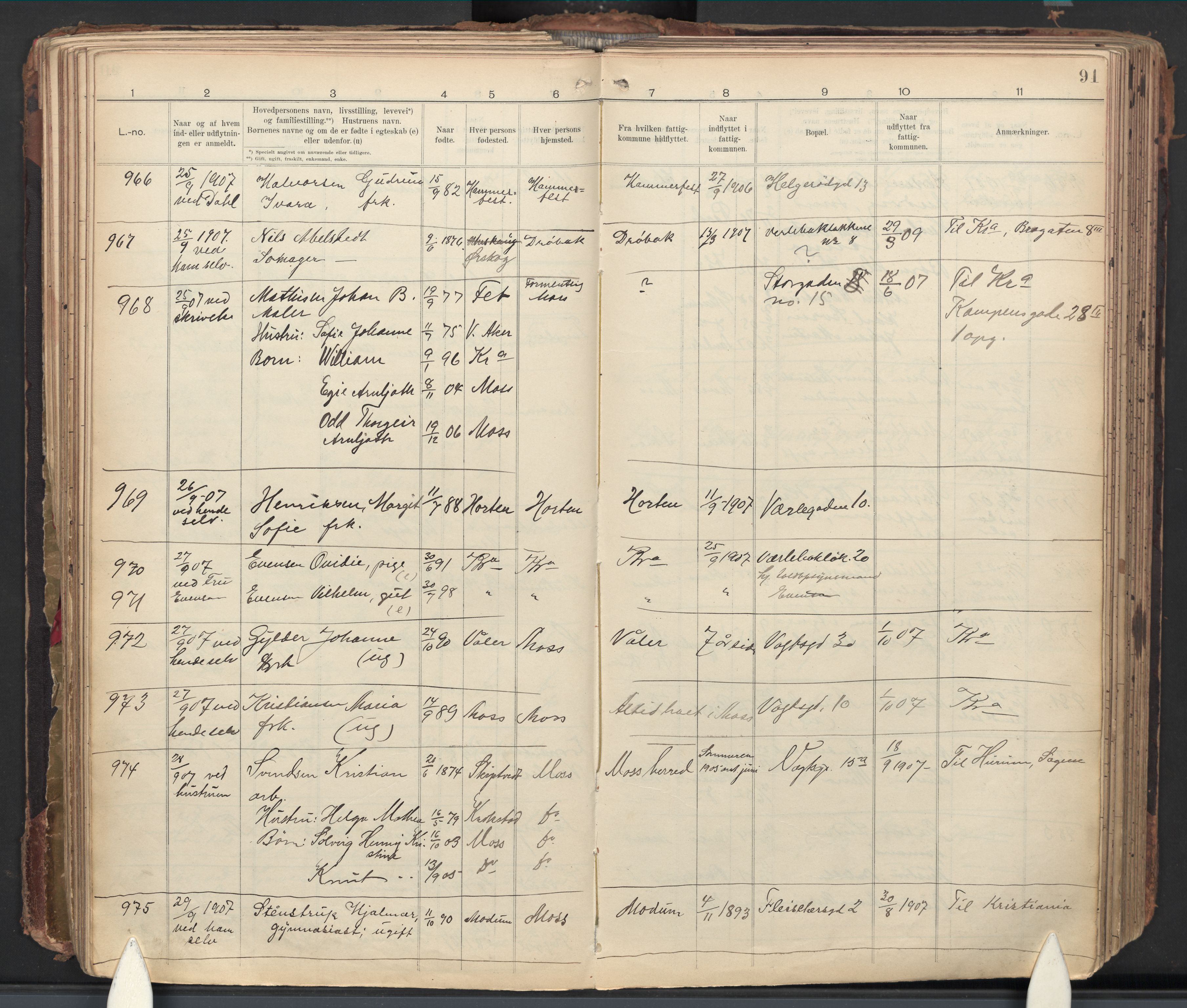 Moss folkeregister, AV/SAO-A-10020/J/L0002: Inn- og utflyttede i Moss fattigkommune, 1905-1913, s. 91