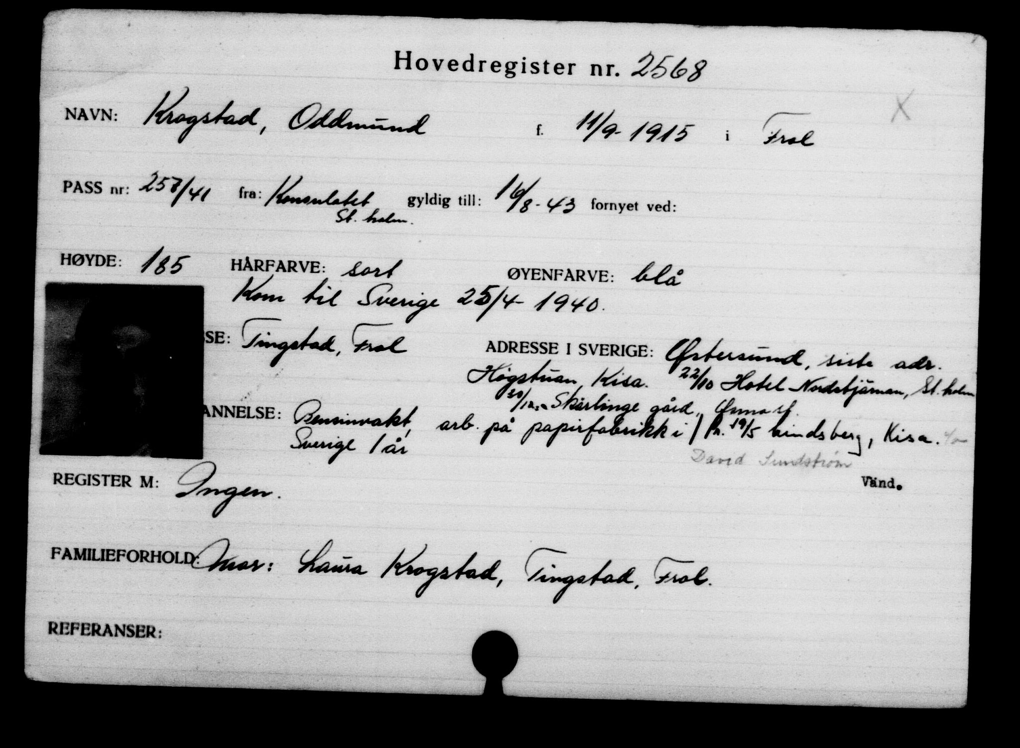 Utenriksstasjonene, Legasjonen i Stockholm, Flyktningkontoret, AV/RA-S-6753/V/Va/L0003: Kjesäterkartoteket, flyktninger med registreringsnr. 2001-3495, 1940-1945, s. 921