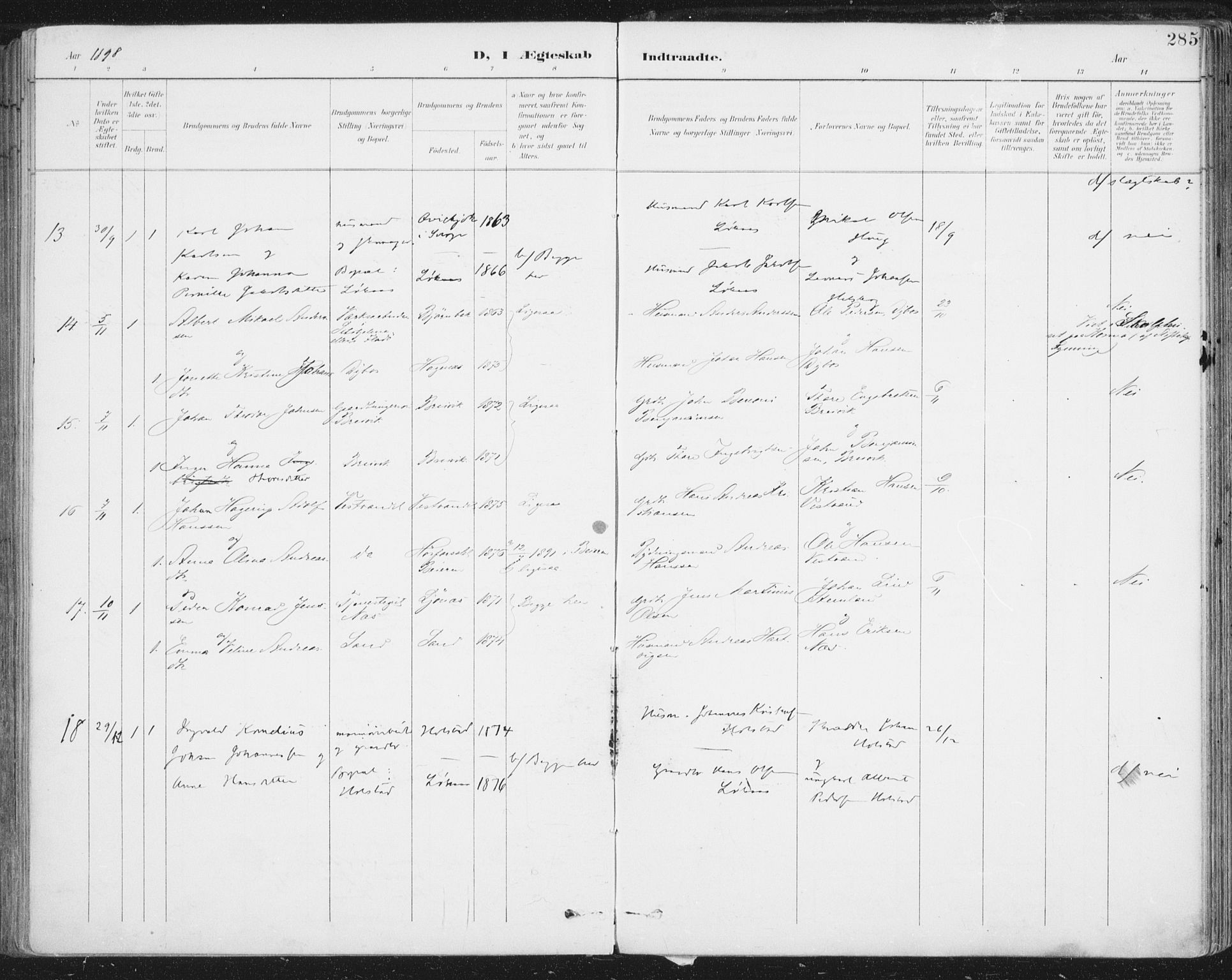 Ministerialprotokoller, klokkerbøker og fødselsregistre - Nordland, SAT/A-1459/852/L0741: Ministerialbok nr. 852A11, 1894-1917, s. 285