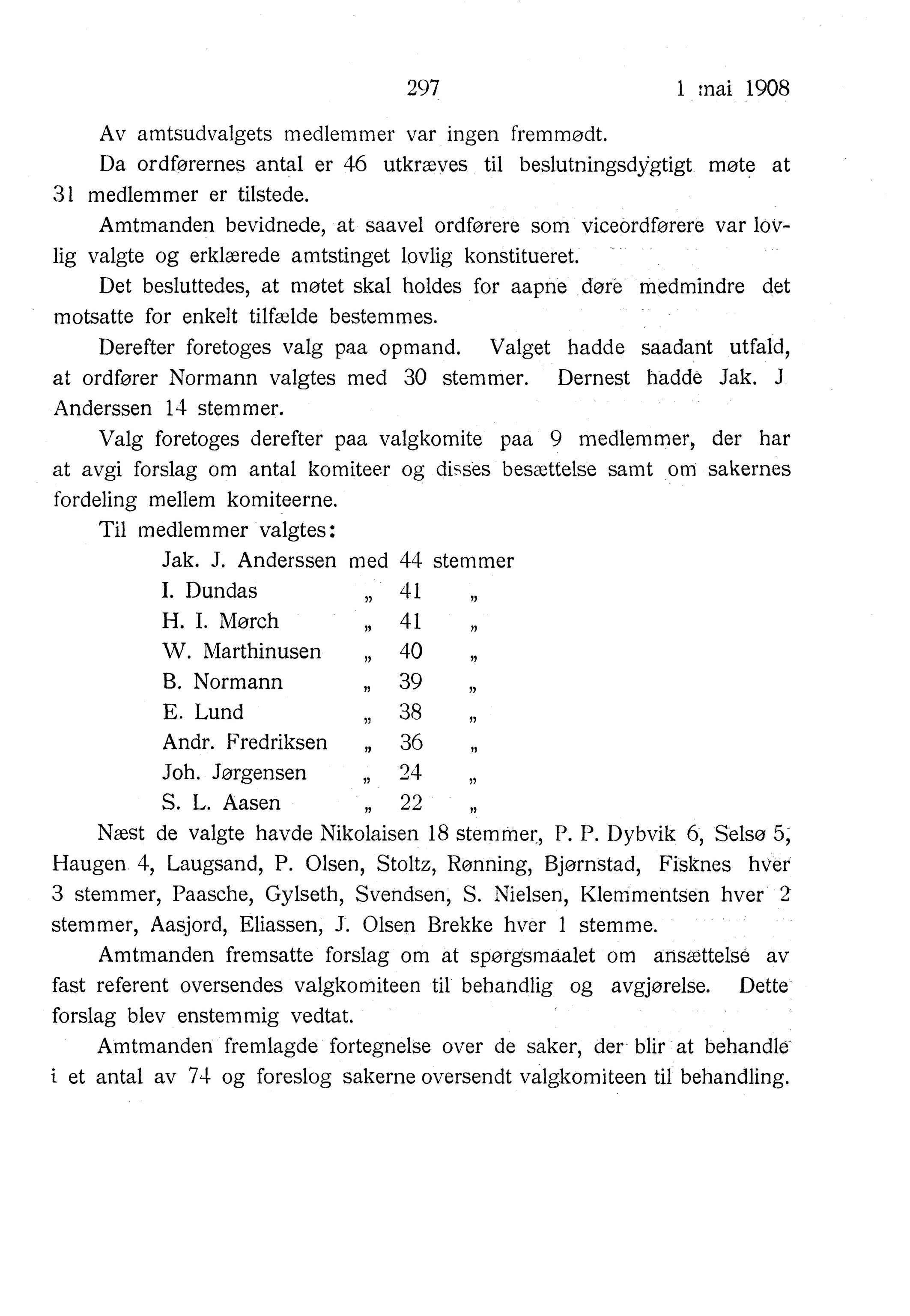 Nordland Fylkeskommune. Fylkestinget, AIN/NFK-17/176/A/Ac/L0031: Fylkestingsforhandlinger 1908, 1908
