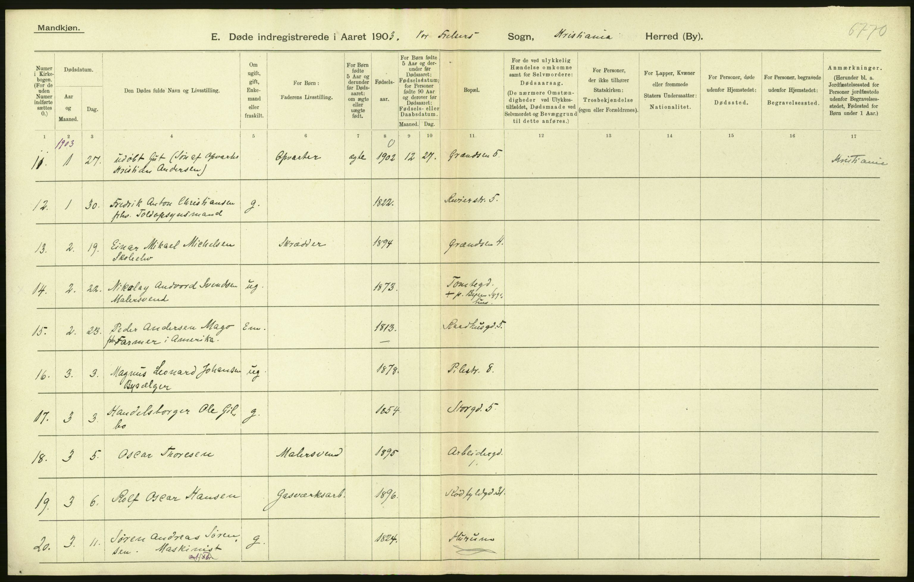Statistisk sentralbyrå, Sosiodemografiske emner, Befolkning, AV/RA-S-2228/D/Df/Dfa/Dfaa/L0004: Kristiania: Gifte, døde, 1903, s. 104
