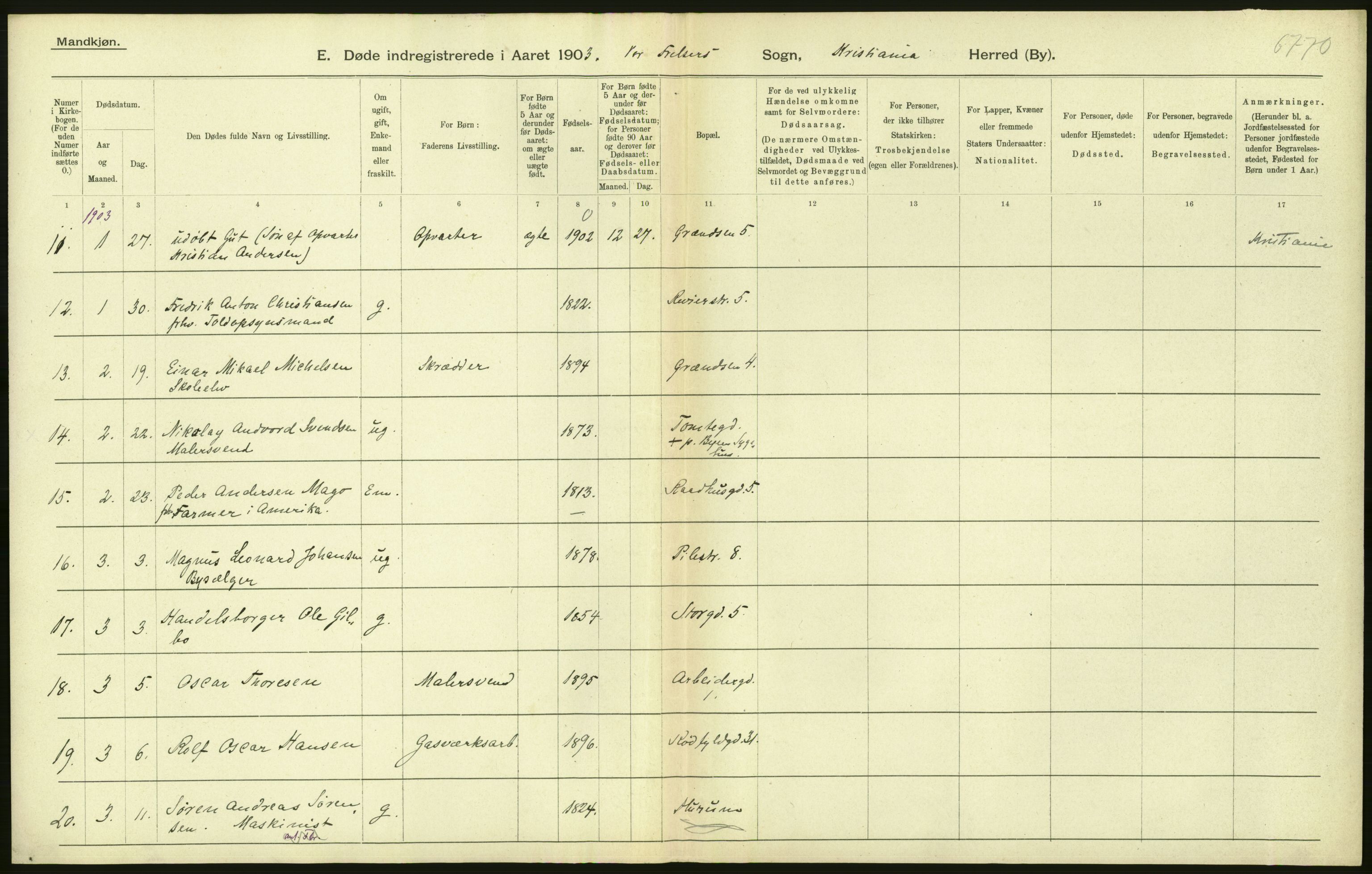 Statistisk sentralbyrå, Sosiodemografiske emner, Befolkning, RA/S-2228/D/Df/Dfa/Dfaa/L0004: Kristiania: Gifte, døde, 1903, s. 104