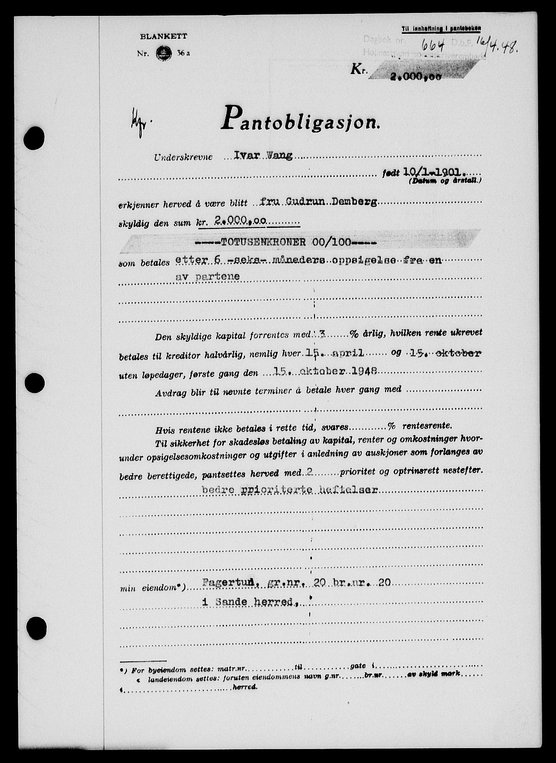 Holmestrand sorenskriveri, SAKO/A-67/G/Ga/Gab/L0058: Pantebok nr. B-58, 1947-1948, Dagboknr: 664/1948