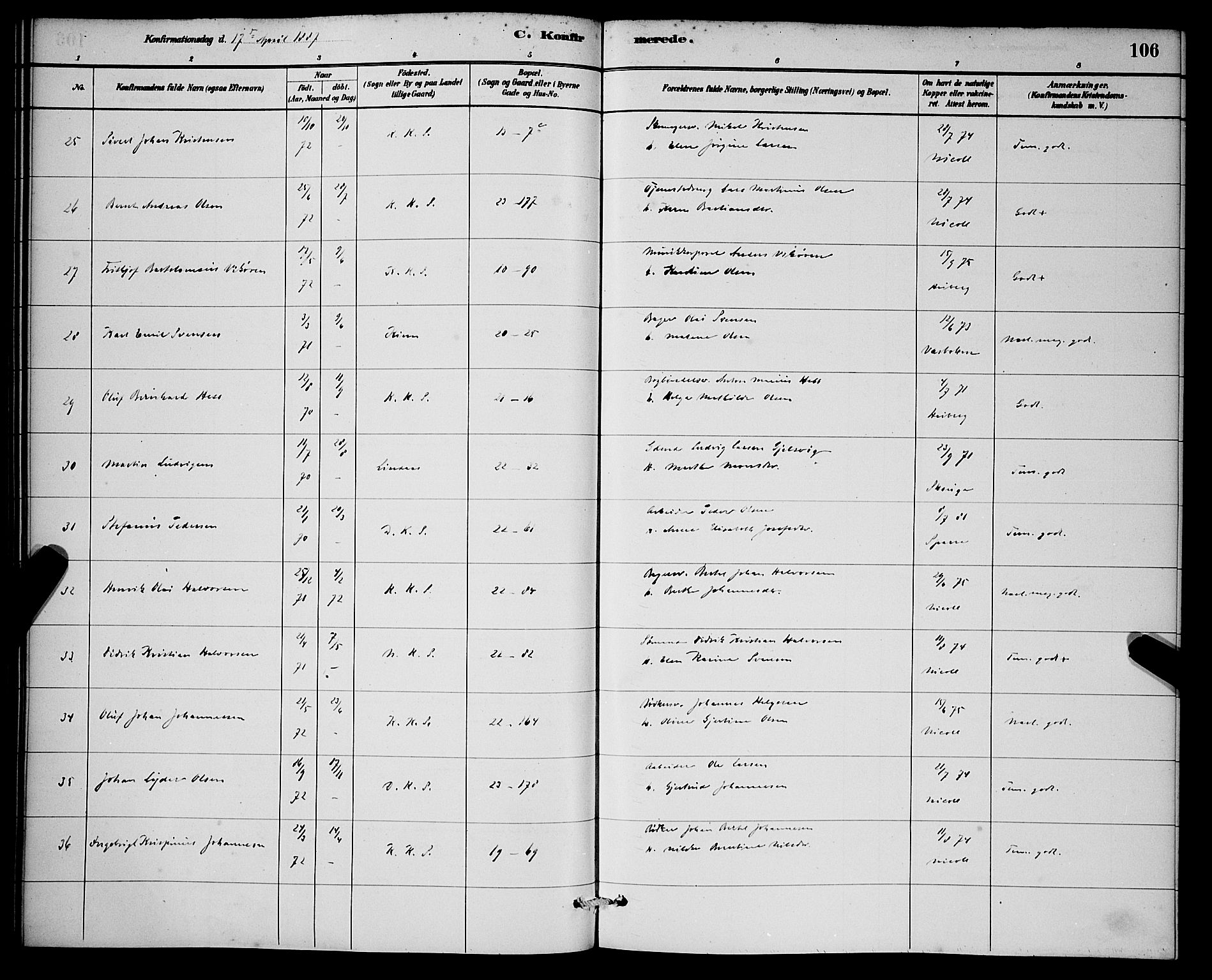 Korskirken sokneprestembete, AV/SAB-A-76101/H/Hab: Klokkerbok nr. C 3, 1880-1892, s. 106