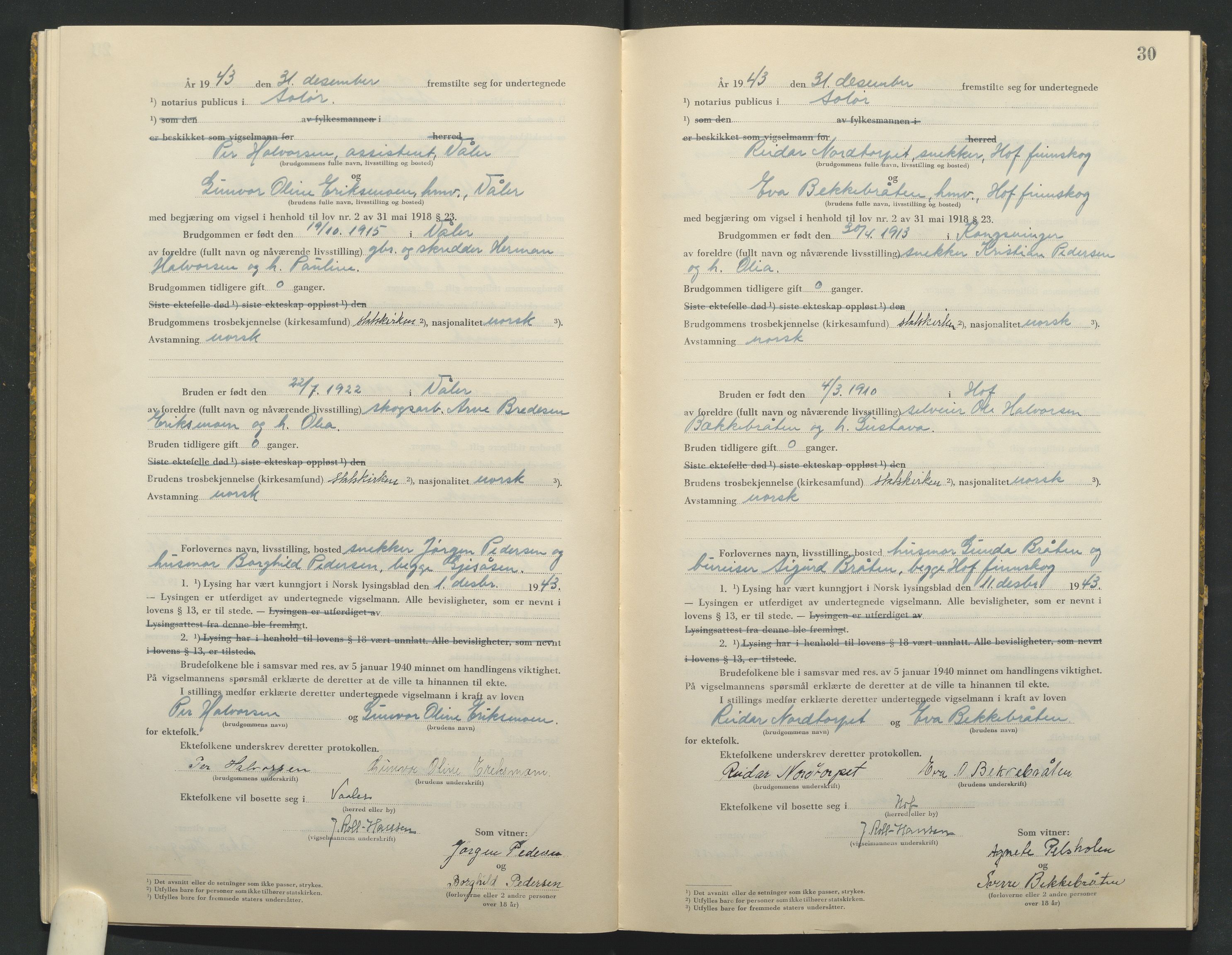 Solør tingrett, AV/SAH-TING-008/L/Lb/L0002: Vigselprotokoll, 1943-1944, s. 30
