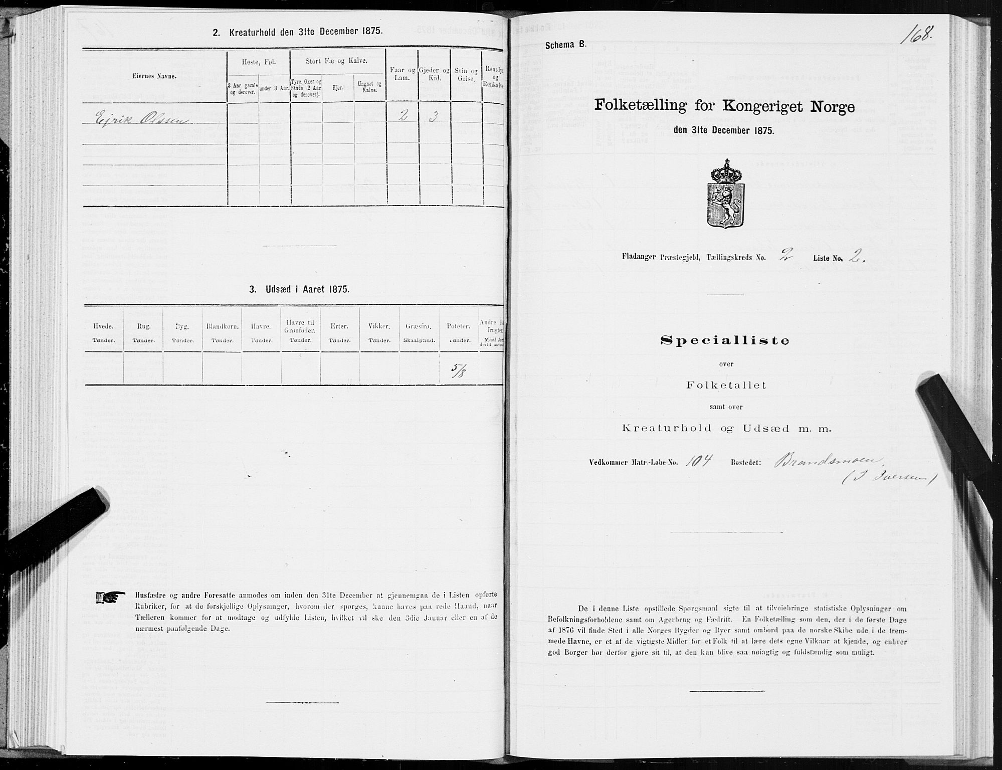 SAT, Folketelling 1875 for 1749P Flatanger prestegjeld, 1875, s. 1168