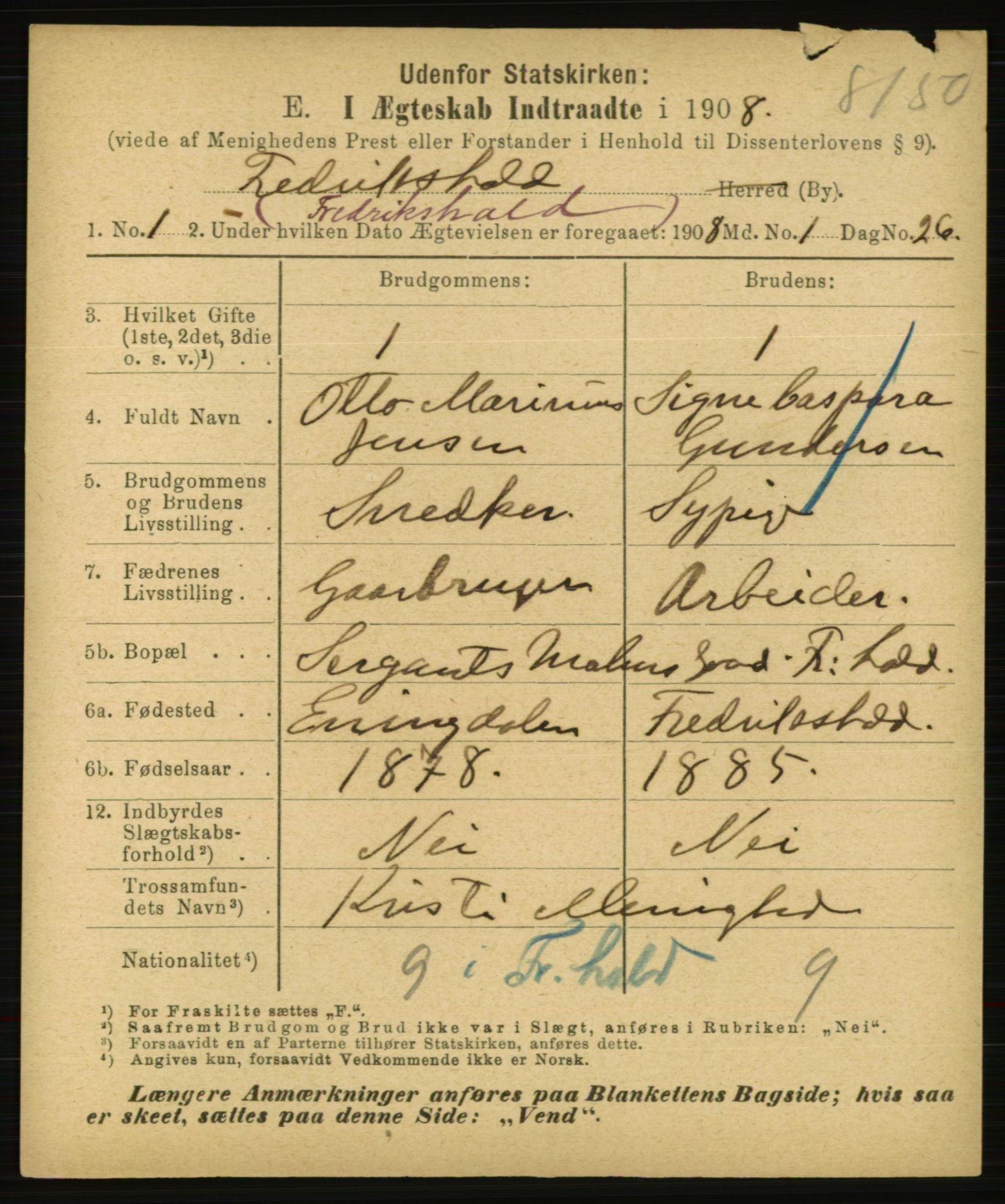 Statistisk sentralbyrå, Sosiodemografiske emner, Befolkning, RA/S-2228/E/L0006: Fødte, gifte, døde dissentere., 1908, s. 1789