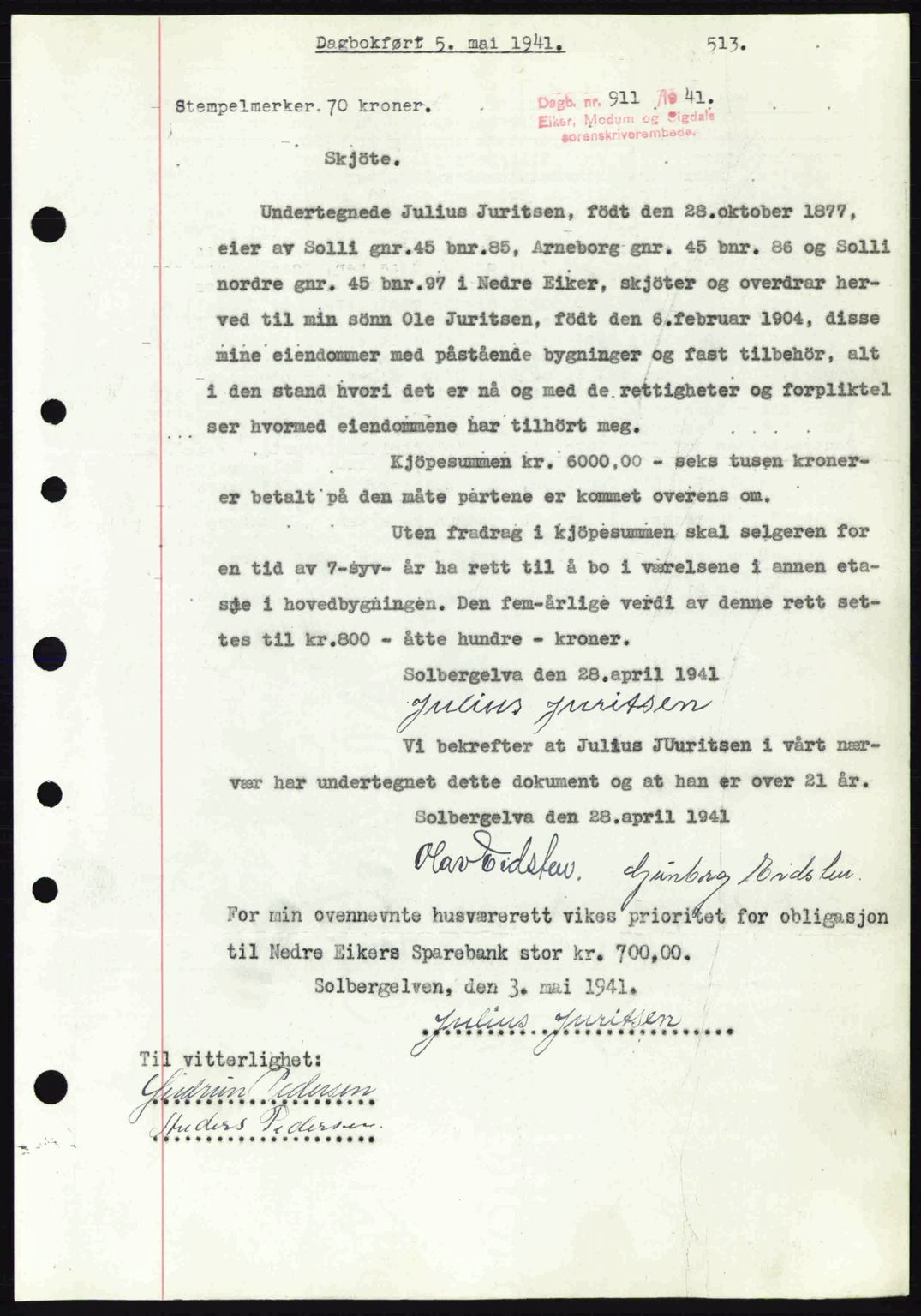 Eiker, Modum og Sigdal sorenskriveri, SAKO/A-123/G/Ga/Gab/L0043: Pantebok nr. A13, 1940-1941, Dagboknr: 911/1941