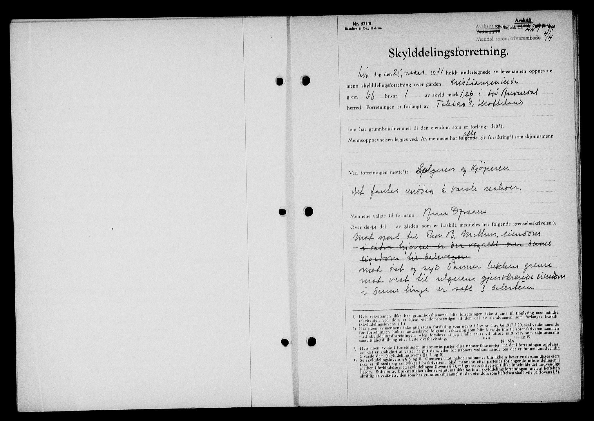 Mandal sorenskriveri, SAK/1221-0005/001/G/Gb/Gba/L0075: Pantebok nr. A-12, 1943-1944, Dagboknr: 221/1944