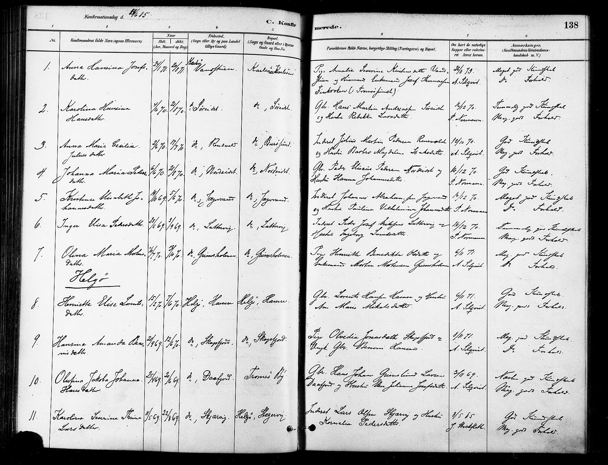 Karlsøy sokneprestembete, AV/SATØ-S-1299/H/Ha/Haa/L0006kirke: Ministerialbok nr. 6, 1879-1890, s. 138
