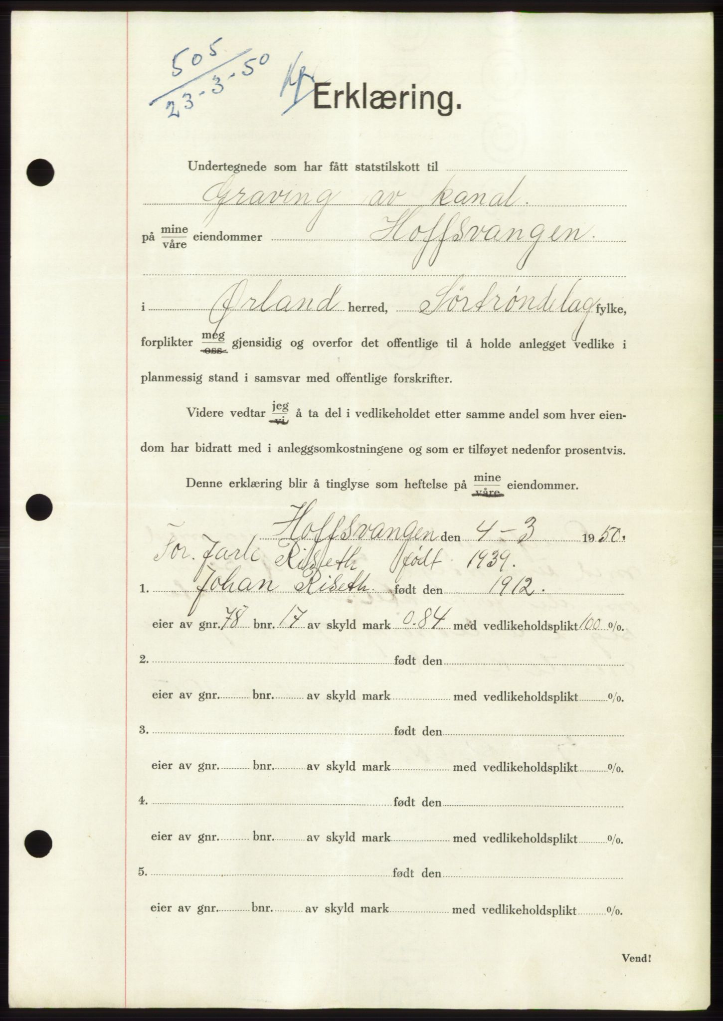 Fosen sorenskriveri, AV/SAT-A-1107/1/2/2C: Pantebok nr. B3, 1948-1950, Dagboknr: 505/1950
