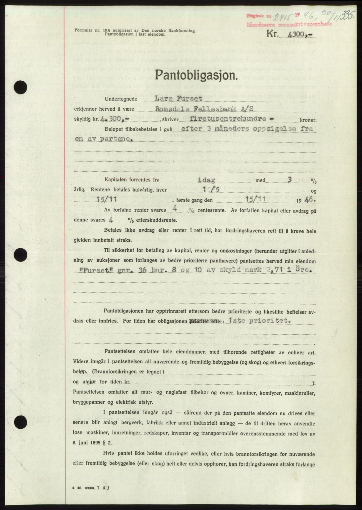 Nordmøre sorenskriveri, SAT/A-4132/1/2/2Ca: Pantebok nr. B95, 1946-1947, Dagboknr: 2415/1946