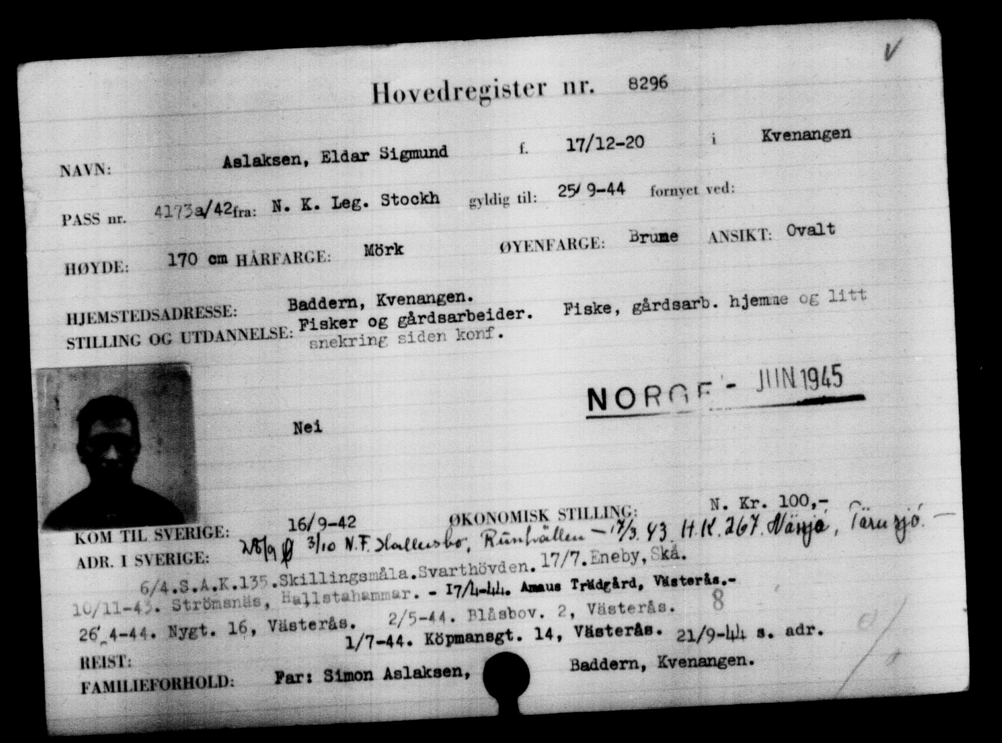 Utenriksstasjonene, Legasjonen i Stockholm, Flyktningkontoret, AV/RA-S-6753/V/Va/L0005: Kjesäterkartoteket, flyktninger med registreringsnr. 6600-9417, 1940-1945, s. 1970