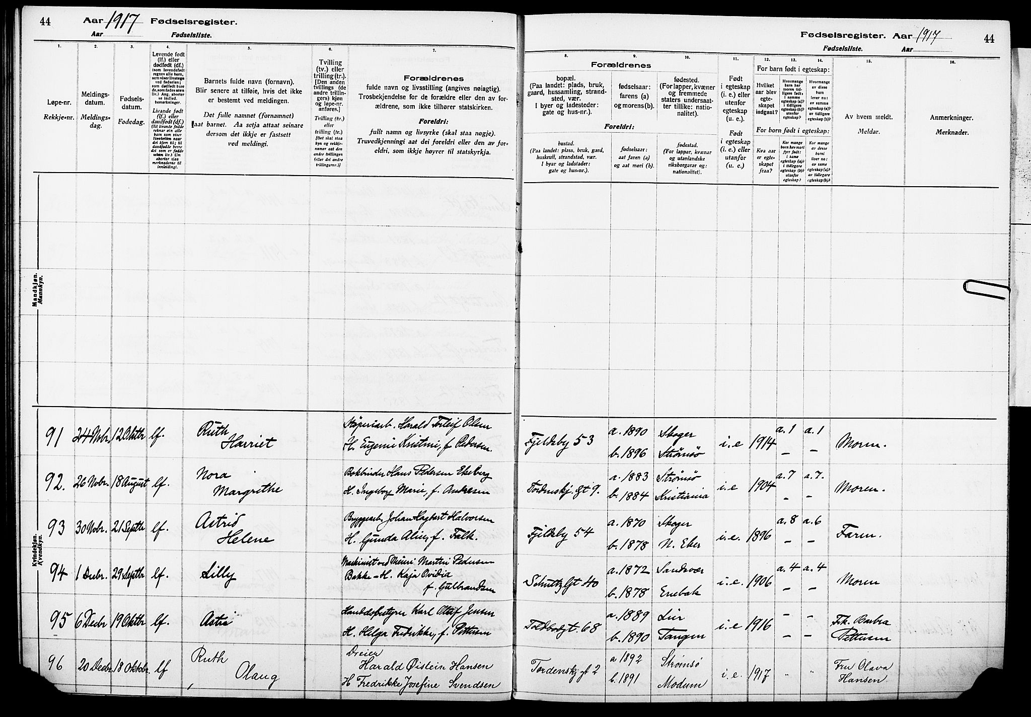 Strømsø kirkebøker, AV/SAKO-A-246/J/Ja/L0001: Fødselsregister nr. I 1, 1916-1925, s. 44