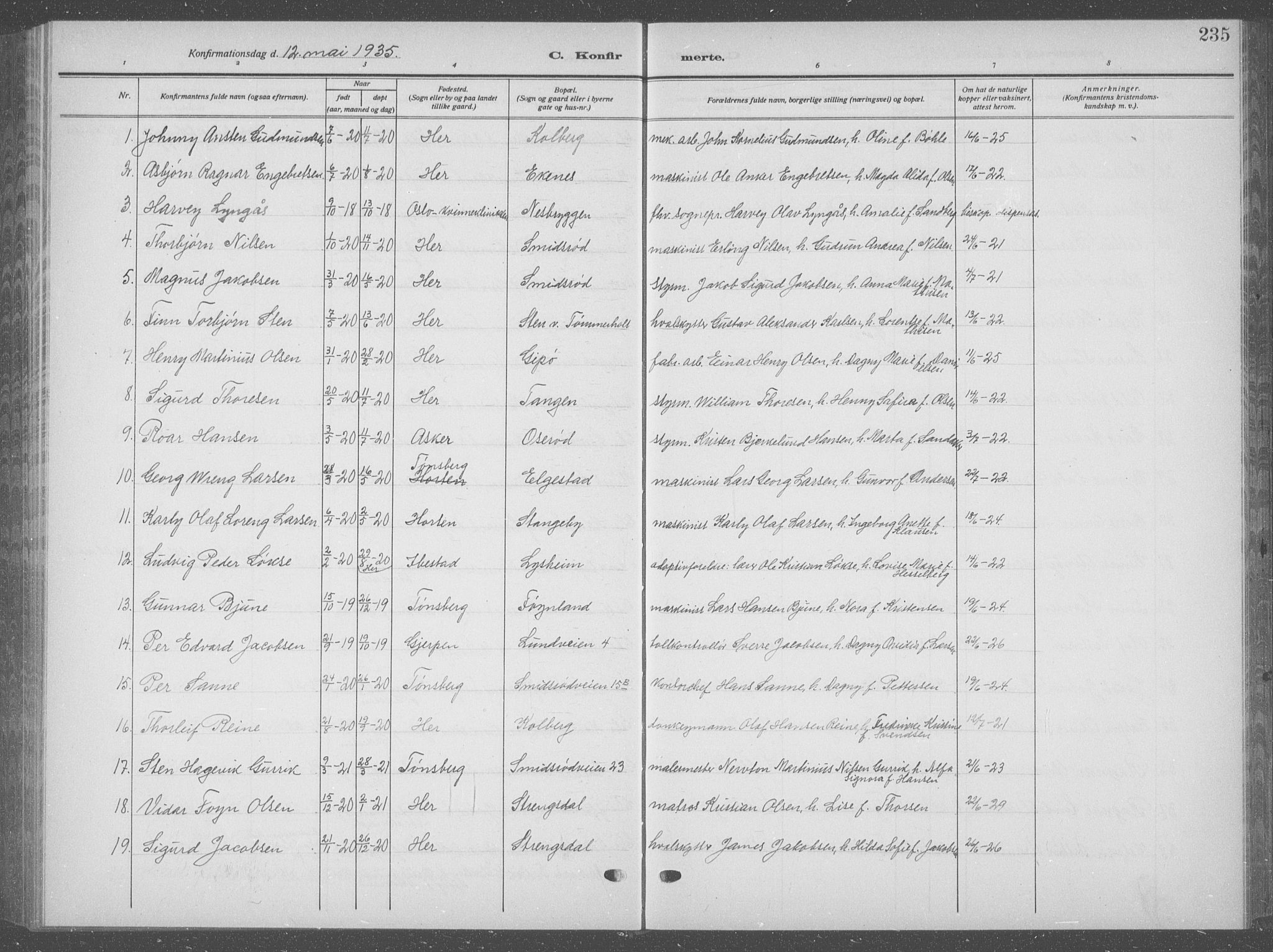Nøtterøy kirkebøker, AV/SAKO-A-354/G/Ga/L0006: Klokkerbok nr. I 6, 1925-1939, s. 235