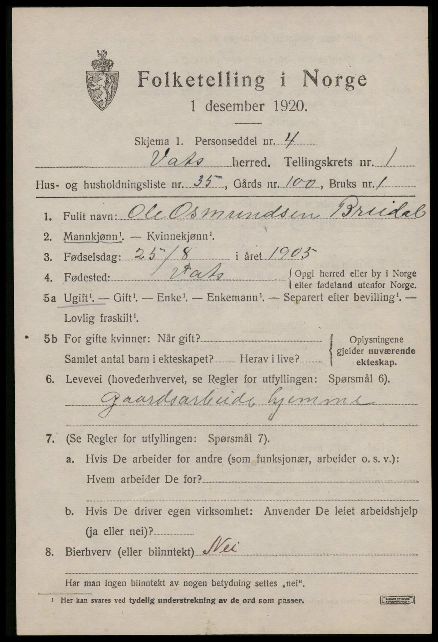 SAST, Folketelling 1920 for 1155 Vats herred, 1920, s. 803