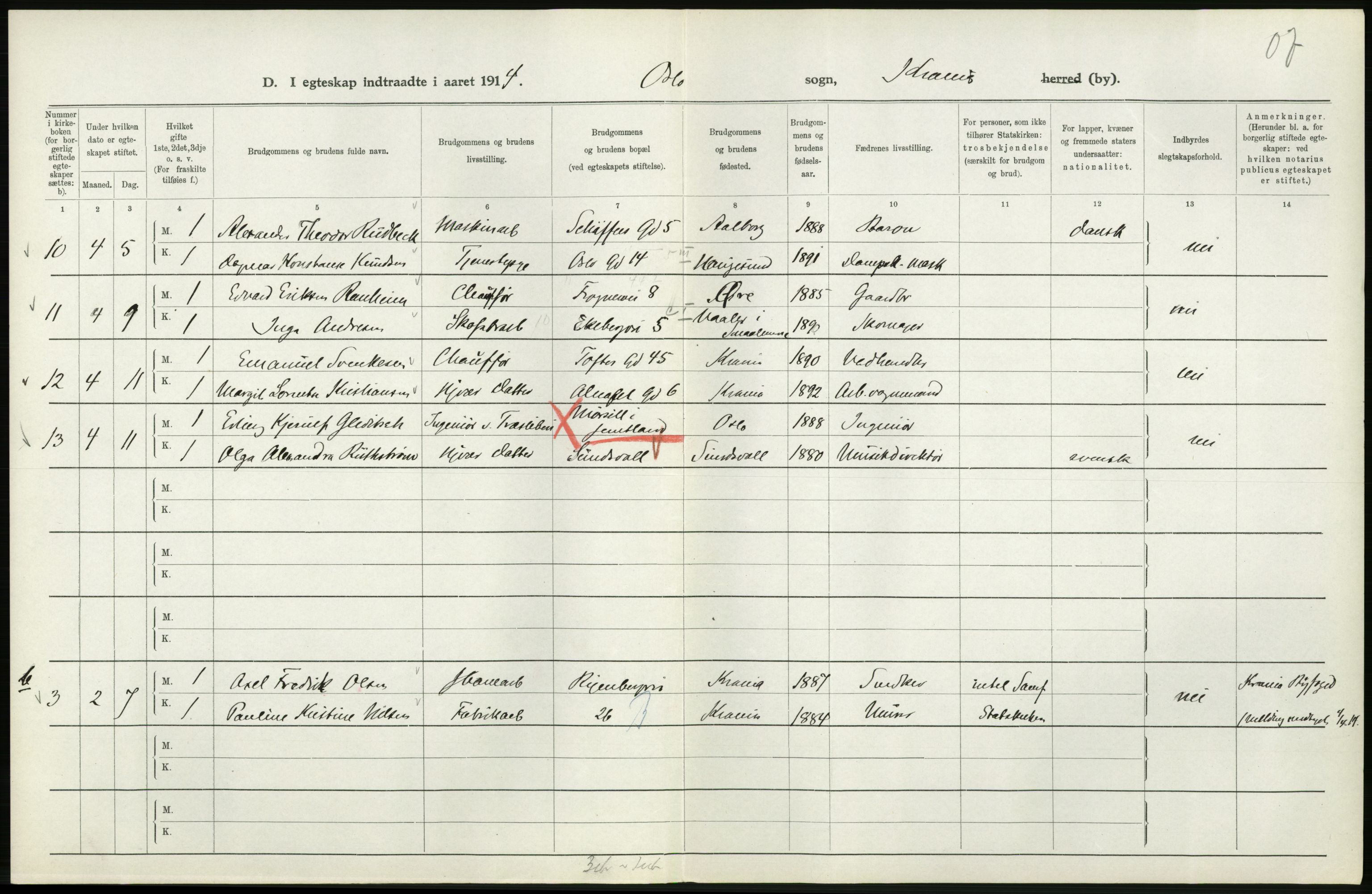 Statistisk sentralbyrå, Sosiodemografiske emner, Befolkning, AV/RA-S-2228/D/Df/Dfb/Dfbd/L0007: Kristiania: Gifte, 1914, s. 136