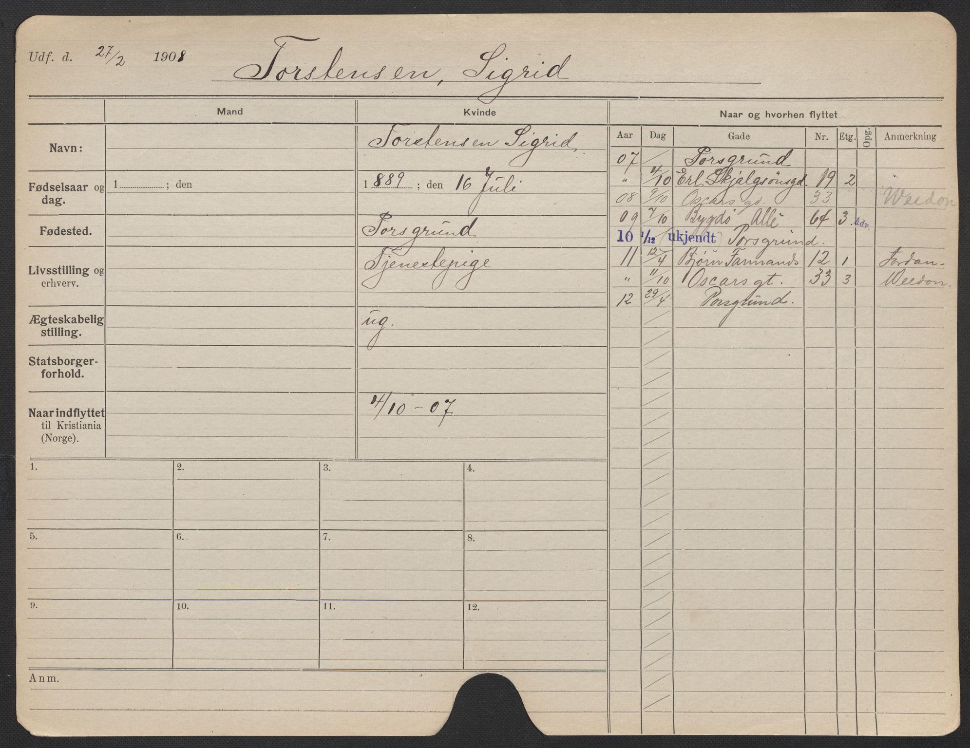 Oslo folkeregister, Registerkort, AV/SAO-A-11715/F/Fa/Fac/L0025: Kvinner, 1906-1914, s. 232a