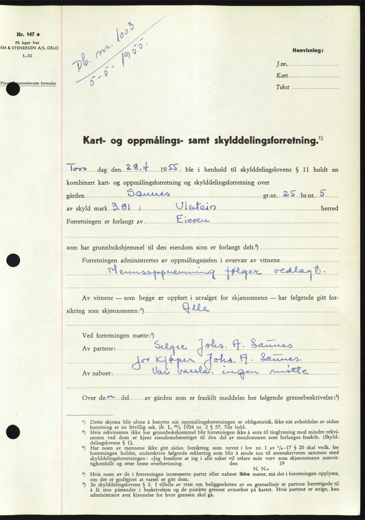 Søre Sunnmøre sorenskriveri, SAT/A-4122/1/2/2C/L0100: Pantebok nr. 26A, 1954-1955, Dagboknr: 1003/1955