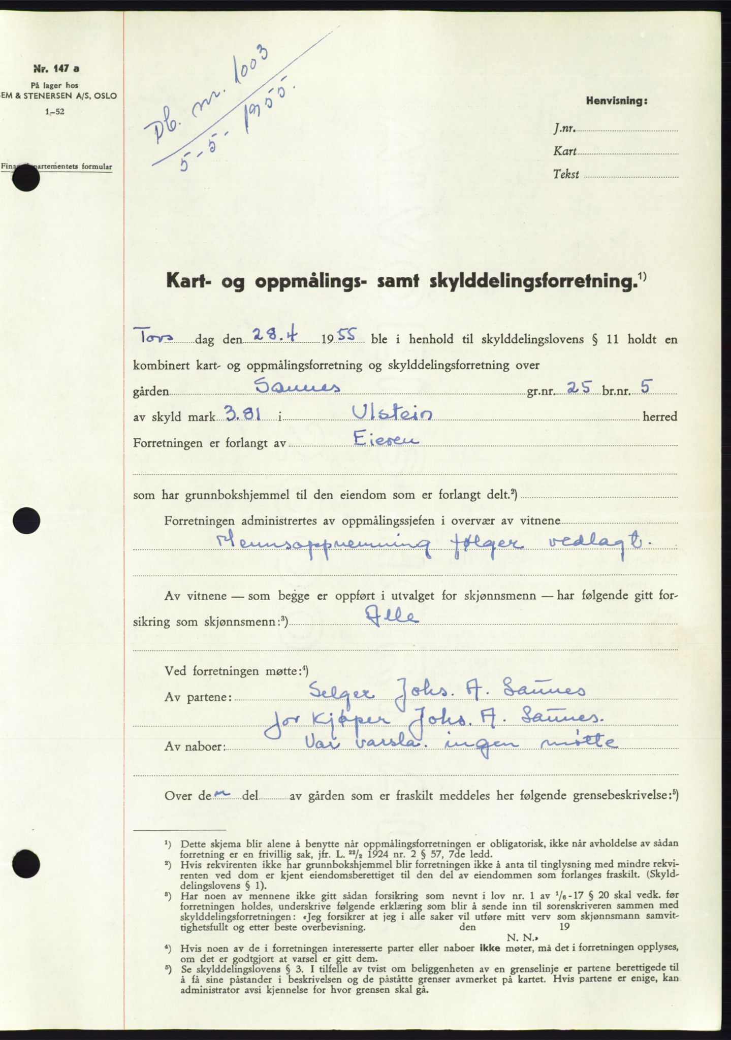 Søre Sunnmøre sorenskriveri, AV/SAT-A-4122/1/2/2C/L0100: Pantebok nr. 26A, 1954-1955, Dagboknr: 1003/1955