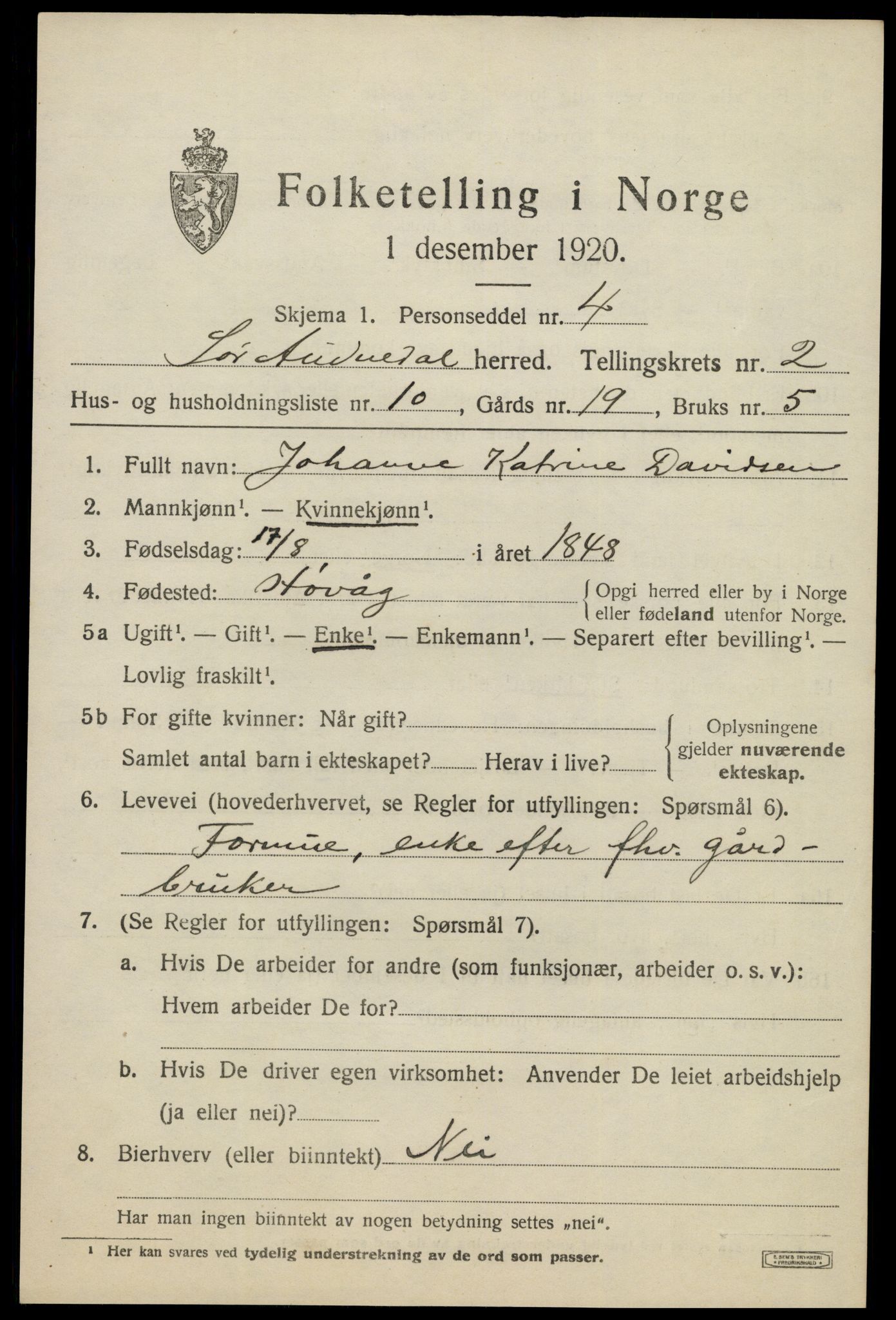 SAK, Folketelling 1920 for 1029 Sør-Audnedal herred, 1920, s. 1655