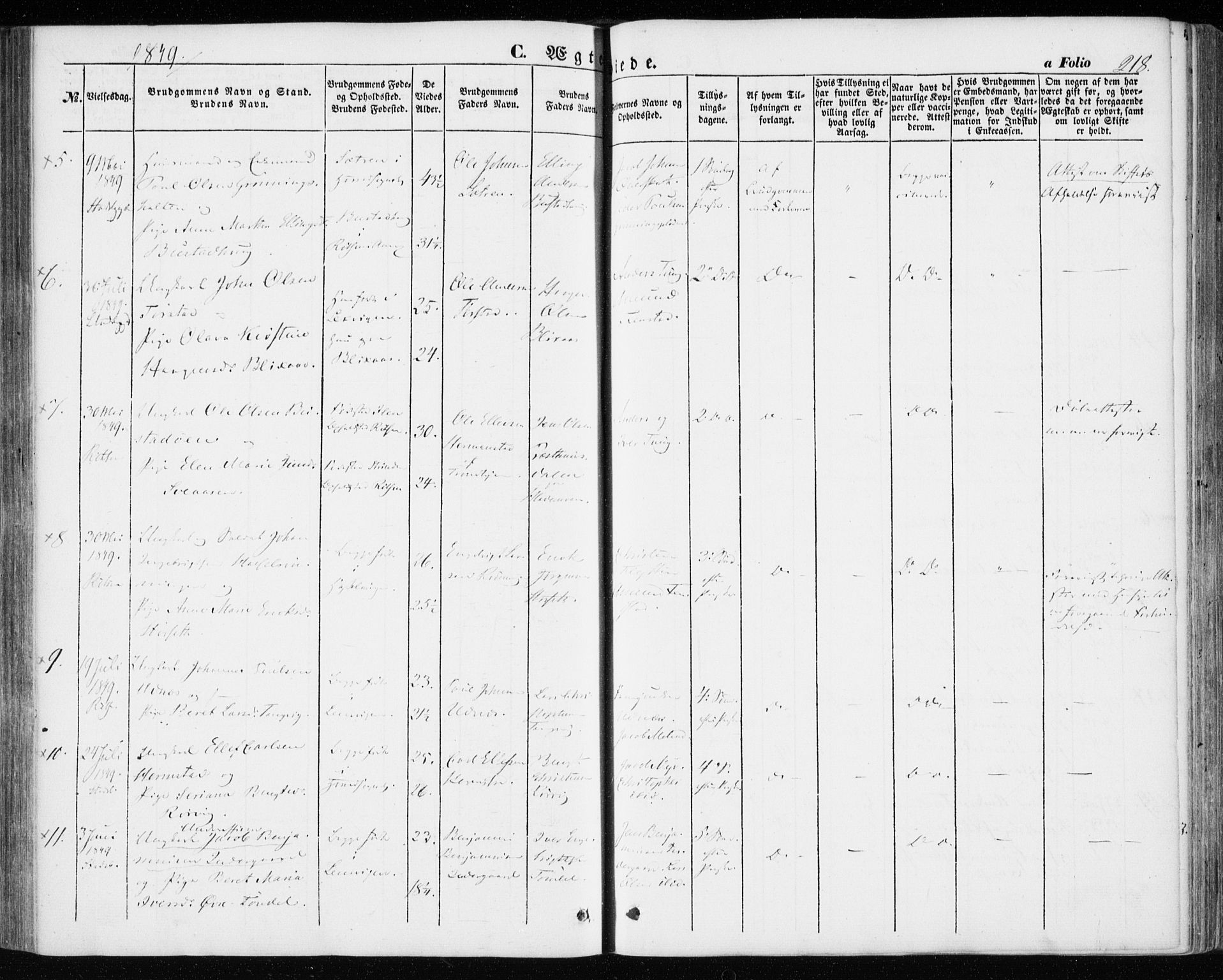 Ministerialprotokoller, klokkerbøker og fødselsregistre - Sør-Trøndelag, SAT/A-1456/646/L0611: Ministerialbok nr. 646A09, 1848-1857, s. 218