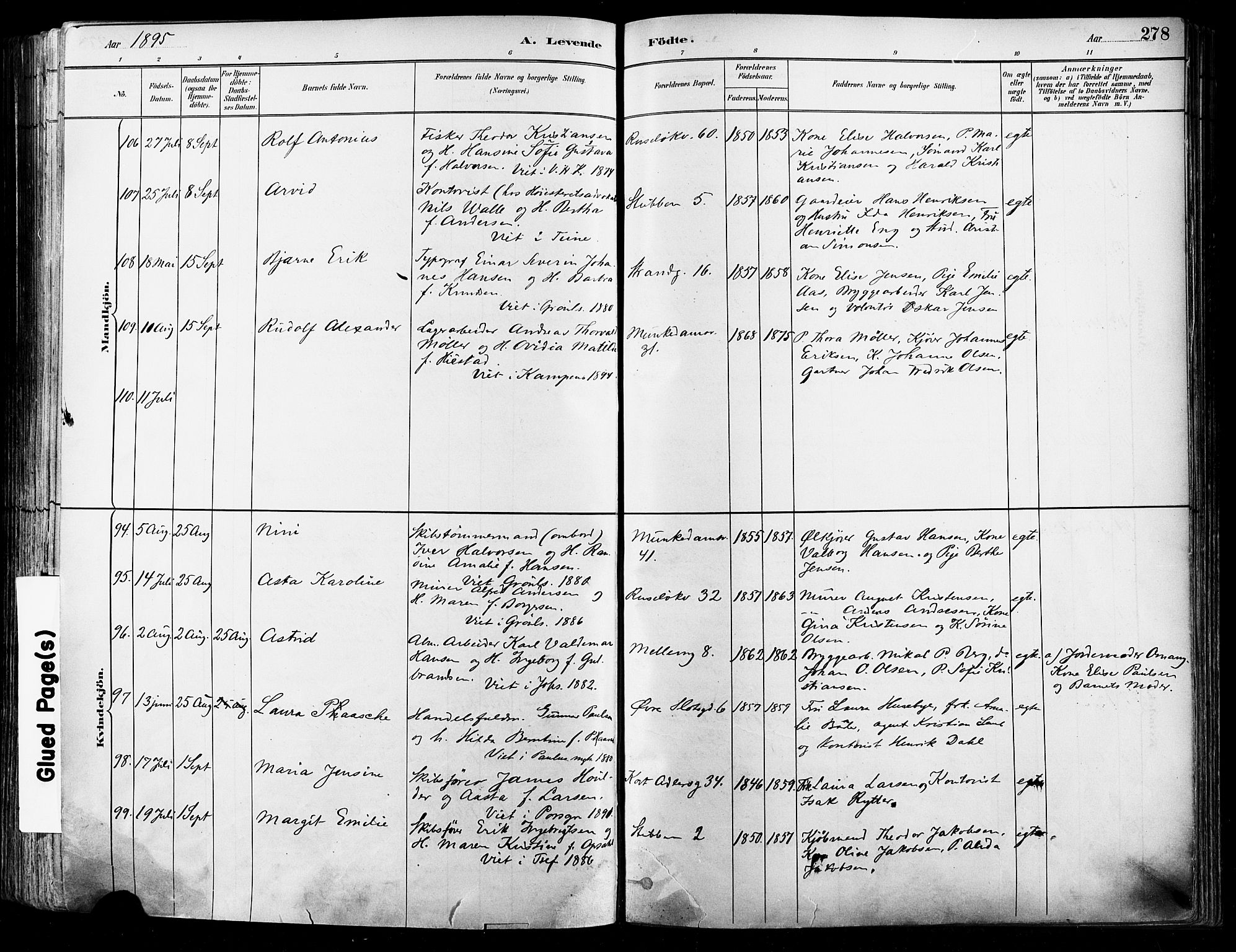Johannes prestekontor Kirkebøker, AV/SAO-A-10852/F/Fa/L0003: Ministerialbok nr. 3, 1882-1896, s. 278