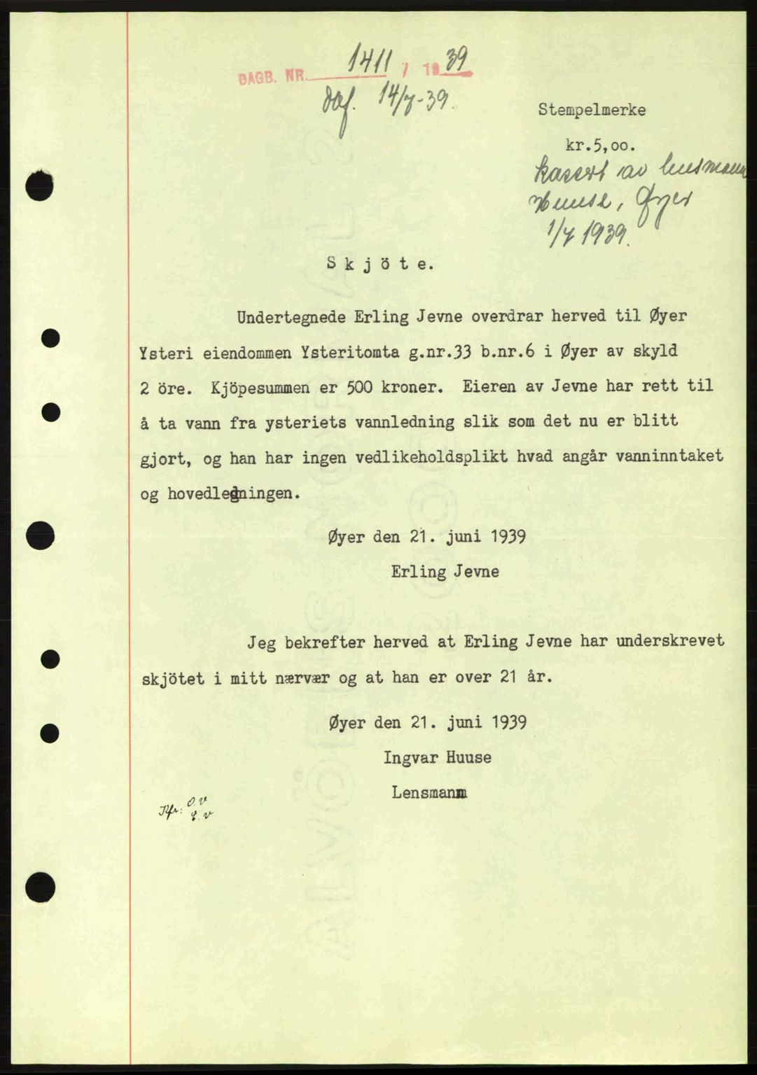 Sør-Gudbrandsdal tingrett, SAH/TING-004/H/Hb/Hbd/L0006: Pantebok nr. A6, 1939-1939, Dagboknr: 1411/1939
