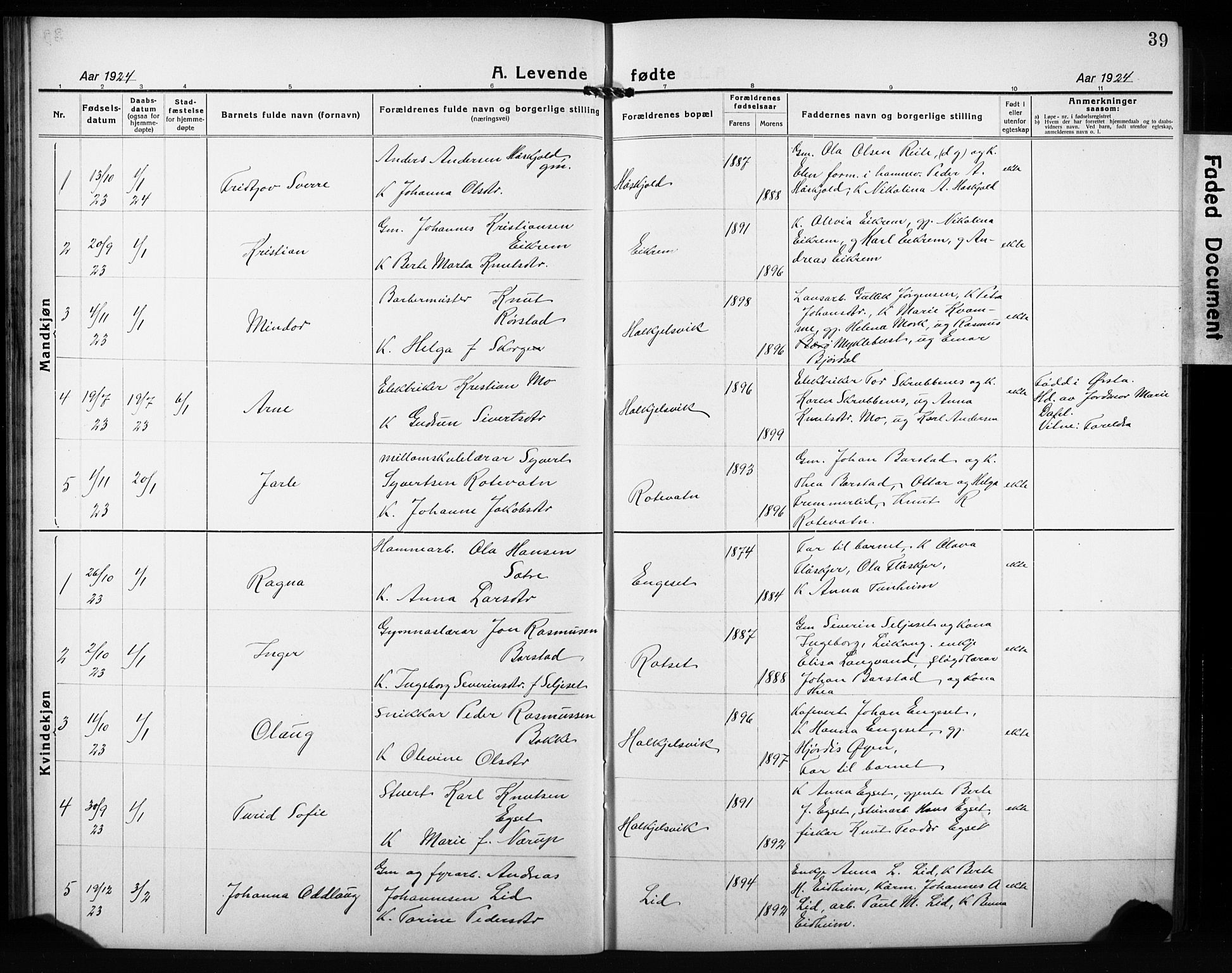 Ministerialprotokoller, klokkerbøker og fødselsregistre - Møre og Romsdal, SAT/A-1454/511/L0160: Klokkerbok nr. 511C06, 1920-1932, s. 39