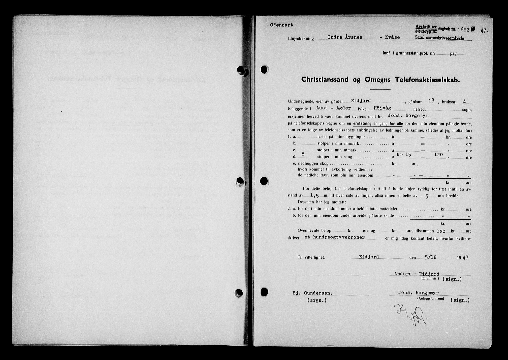 Vestre Nedenes/Sand sorenskriveri, SAK/1221-0010/G/Gb/Gba/L0057: Pantebok nr. A 10, 1947-1948, Dagboknr: 1652/1947