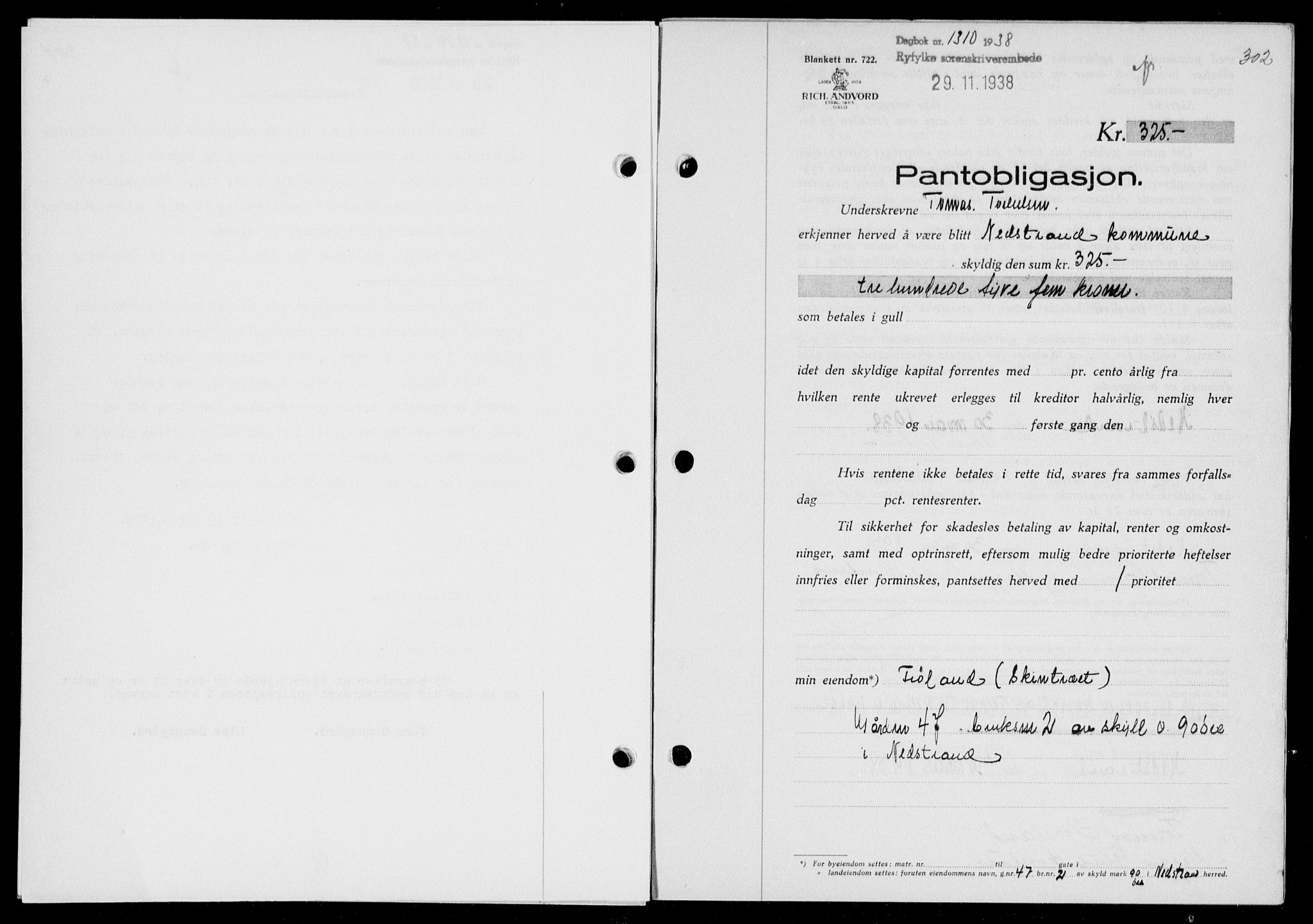 Ryfylke tingrett, SAST/A-100055/001/II/IIB/L0078: Pantebok nr. 57, 1938-1938, Dagboknr: 1310/1938