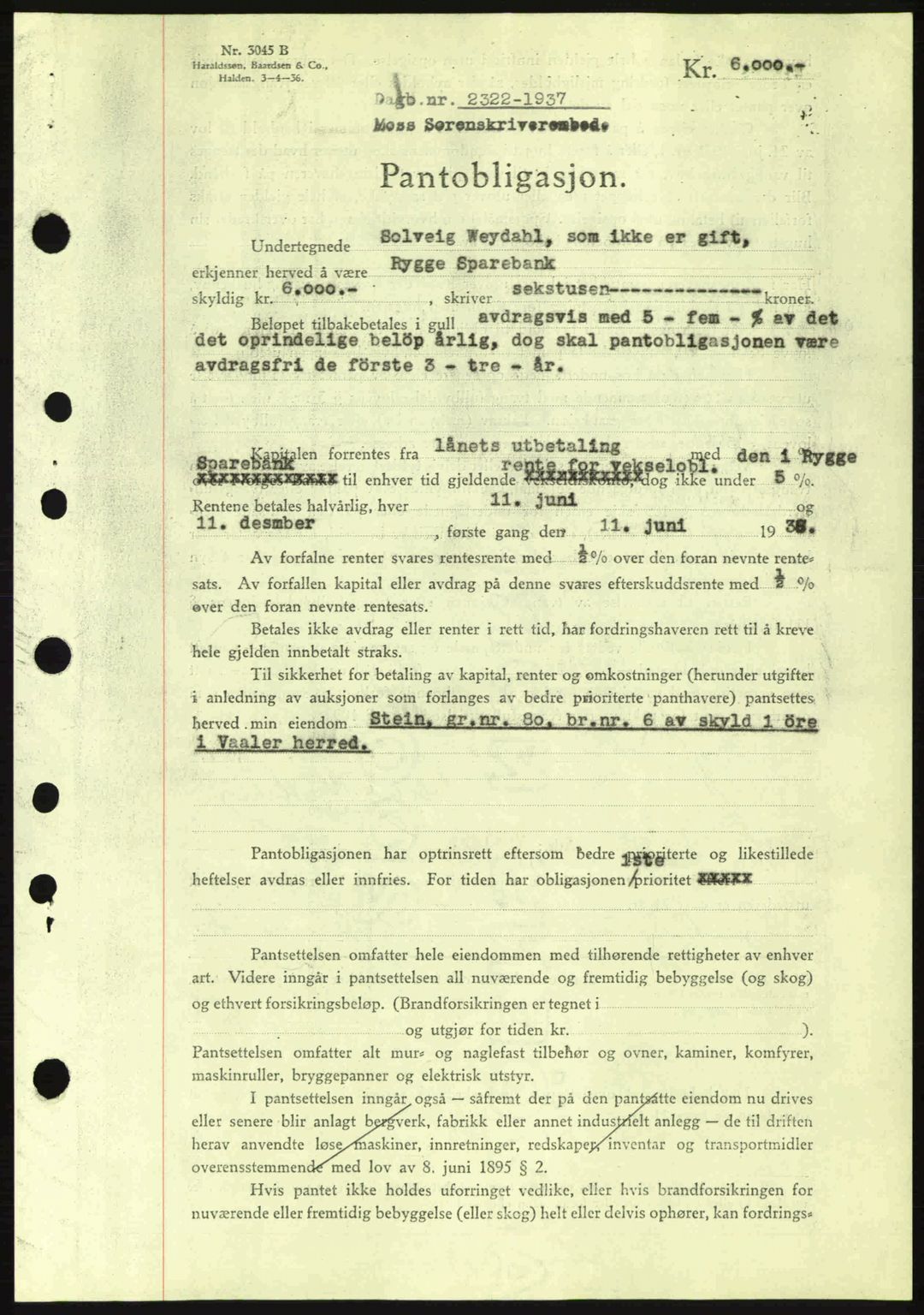 Moss sorenskriveri, SAO/A-10168: Pantebok nr. B4, 1937-1938, Dagboknr: 2322/1937