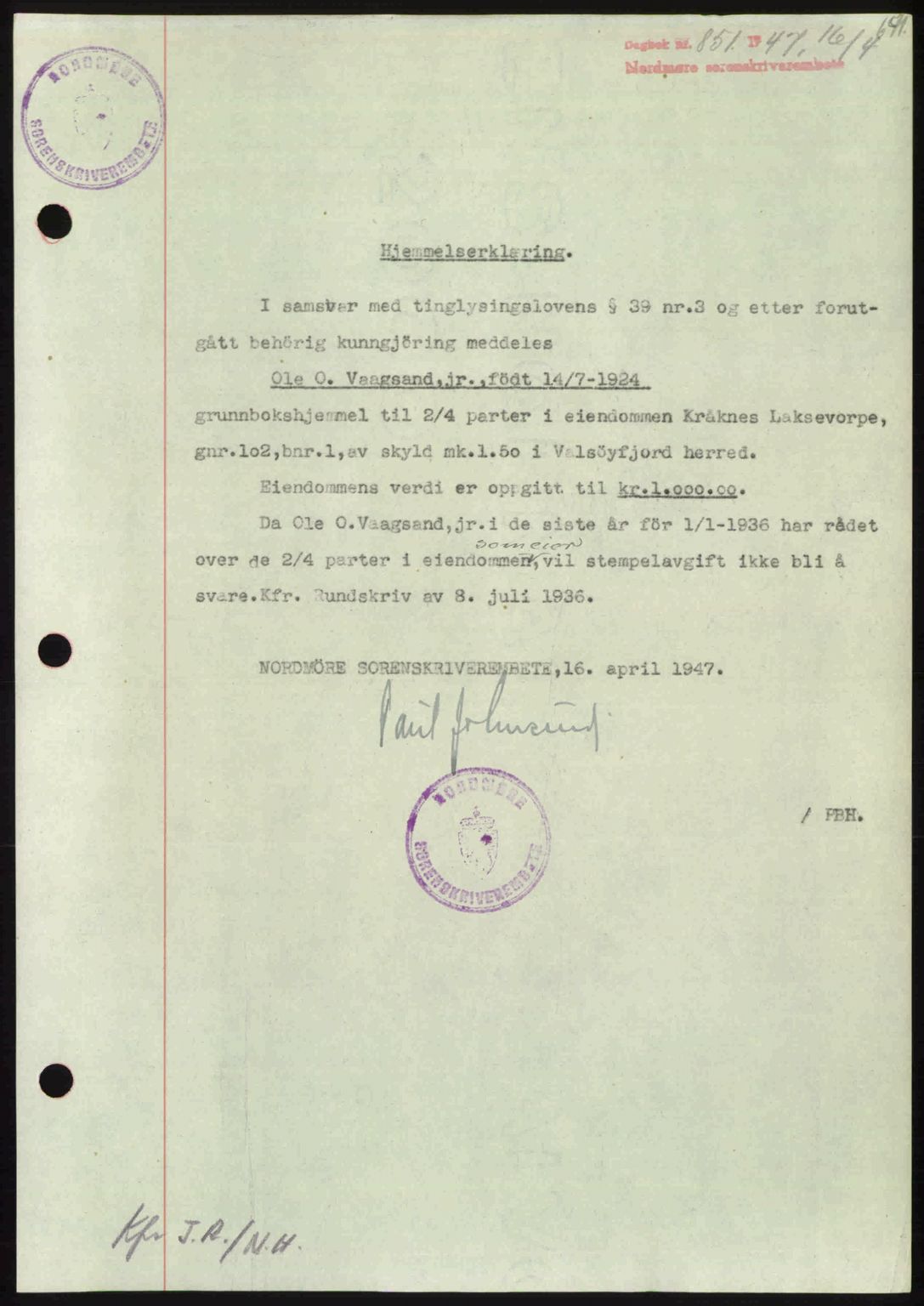 Nordmøre sorenskriveri, SAT/A-4132/1/2/2Ca: Pantebok nr. A104, 1947-1947, Dagboknr: 851/1947