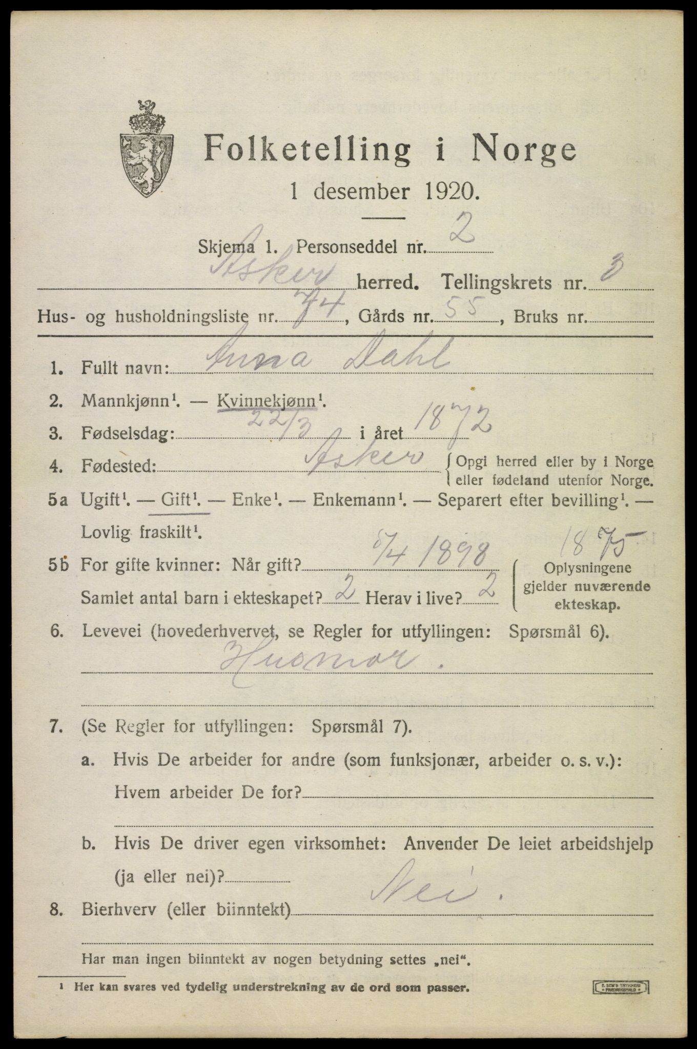 SAO, Folketelling 1920 for 0220 Asker herred, 1920, s. 9030