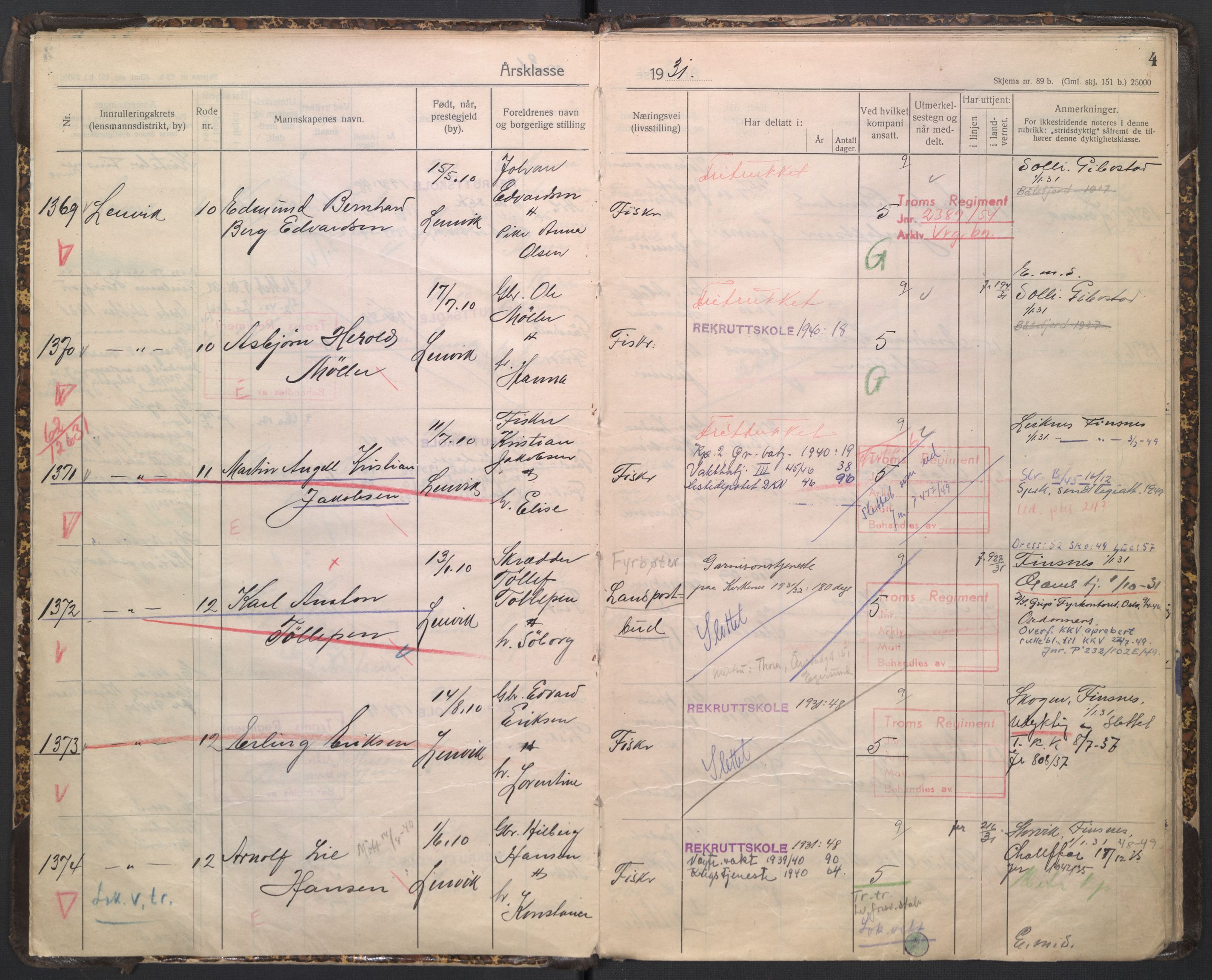 Forsvaret, Troms infanteriregiment nr. 16, AV/RA-RAFA-3146/P/Pa/L0005/0006: Ruller / Rulle for Bardu bataljons menige mannskaper, årsklasse 1931, 1931, s. 4