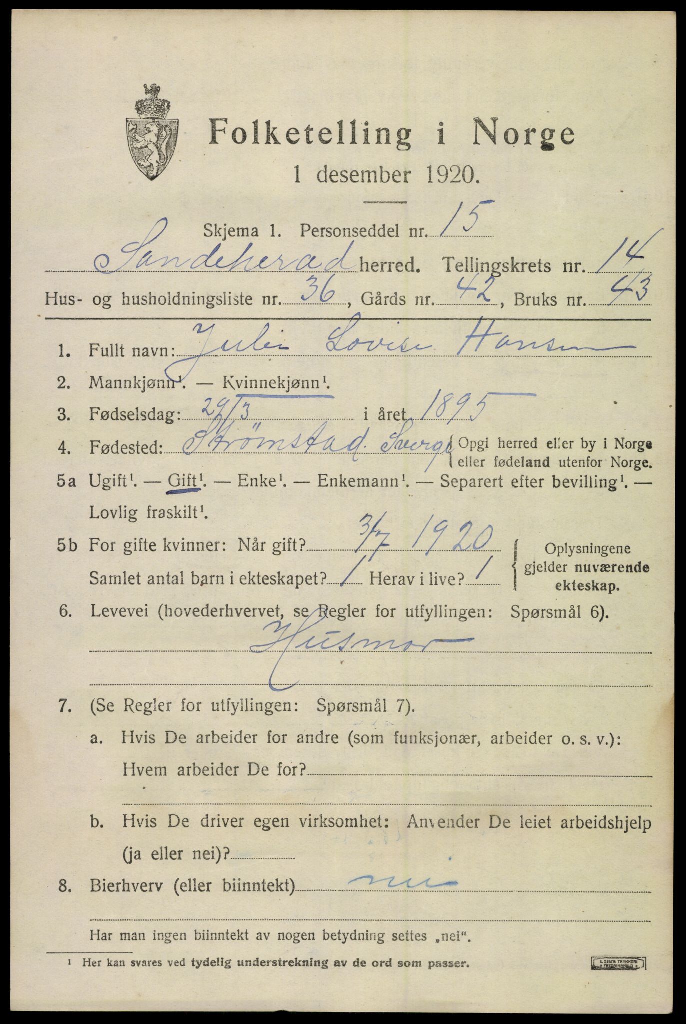 SAKO, Folketelling 1920 for 0724 Sandeherred herred, 1920, s. 20676