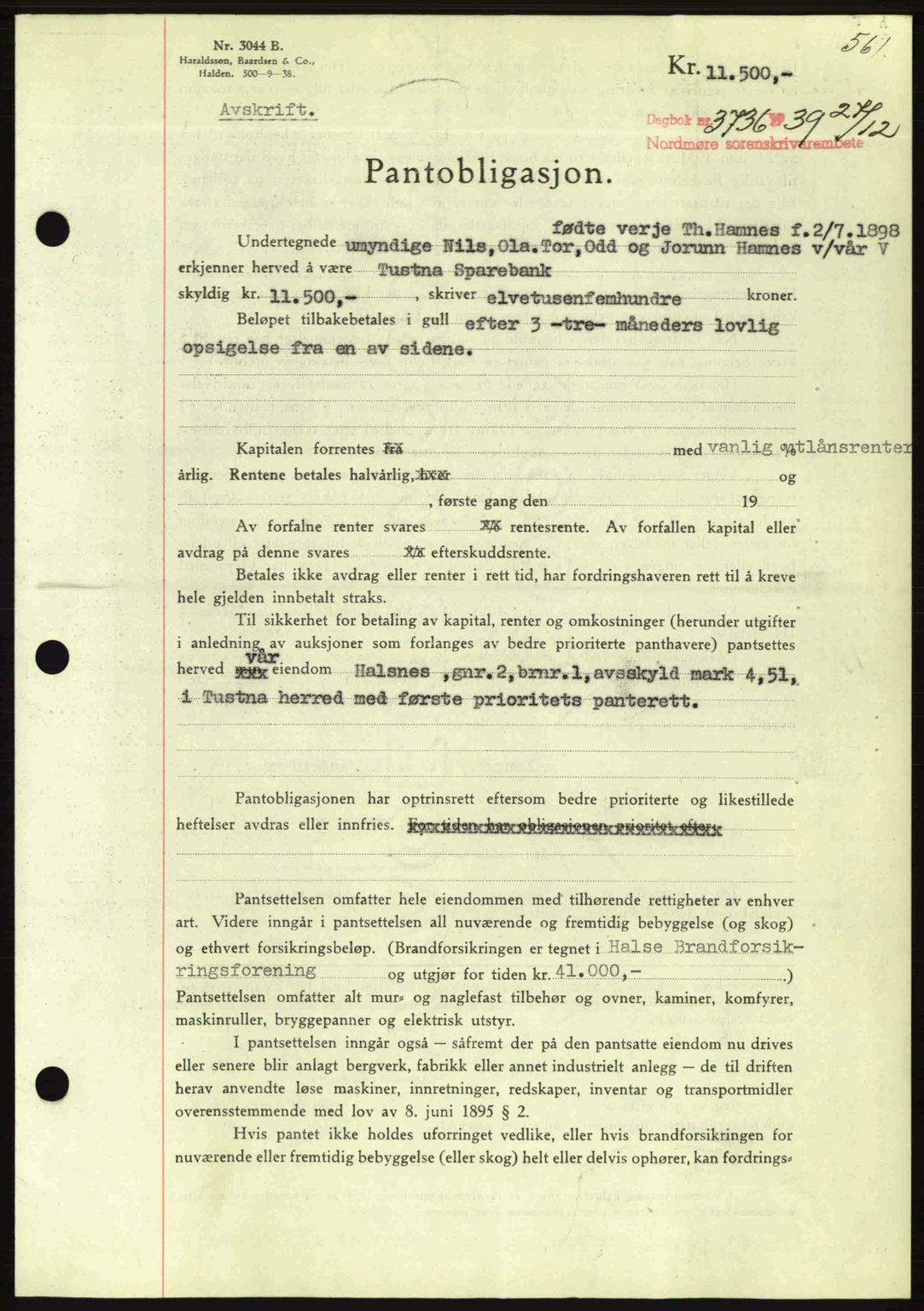 Nordmøre sorenskriveri, AV/SAT-A-4132/1/2/2Ca: Pantebok nr. B86, 1939-1940, Dagboknr: 3736/1939