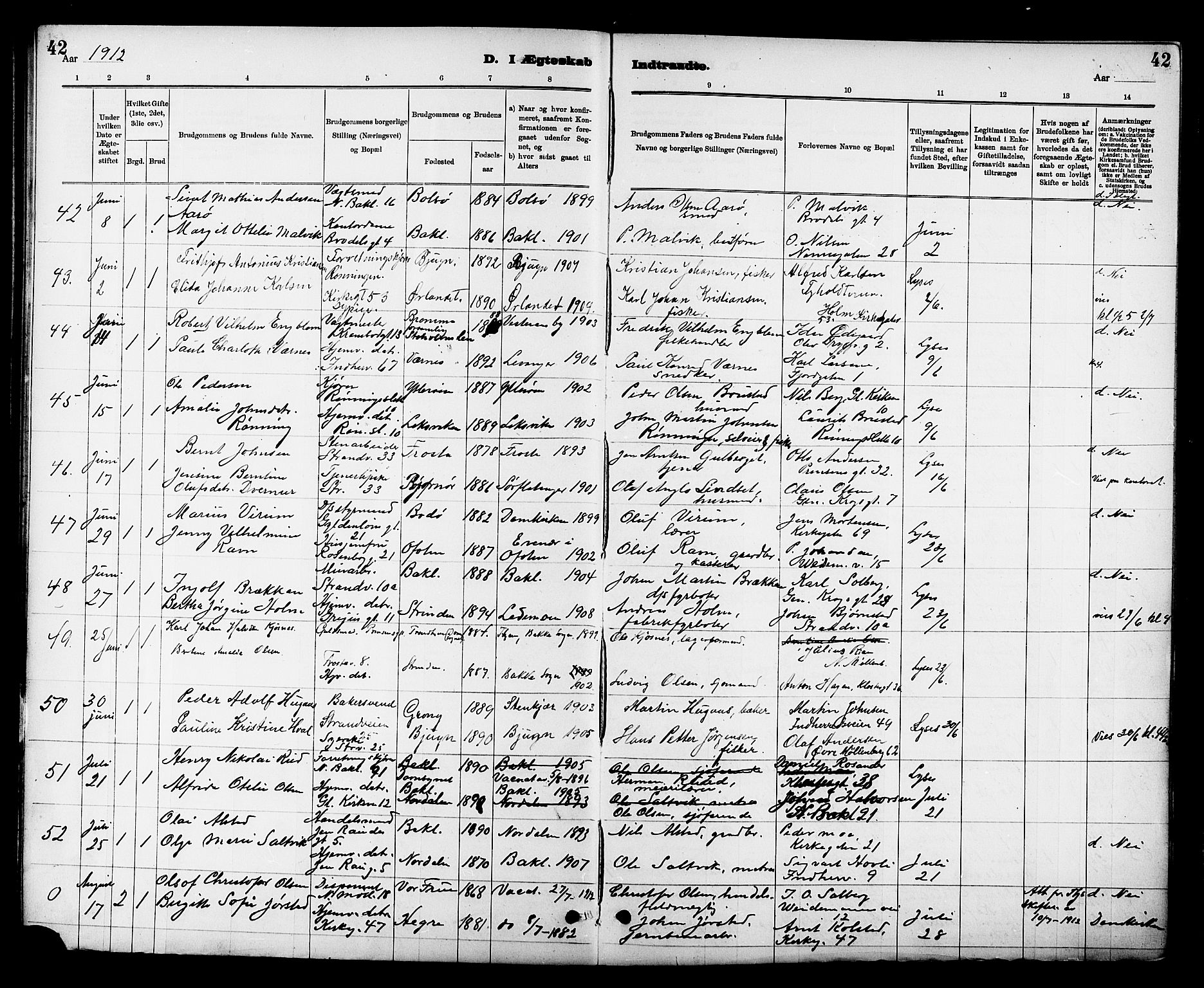 Ministerialprotokoller, klokkerbøker og fødselsregistre - Sør-Trøndelag, AV/SAT-A-1456/605/L0255: Klokkerbok nr. 605C02, 1908-1918, s. 42