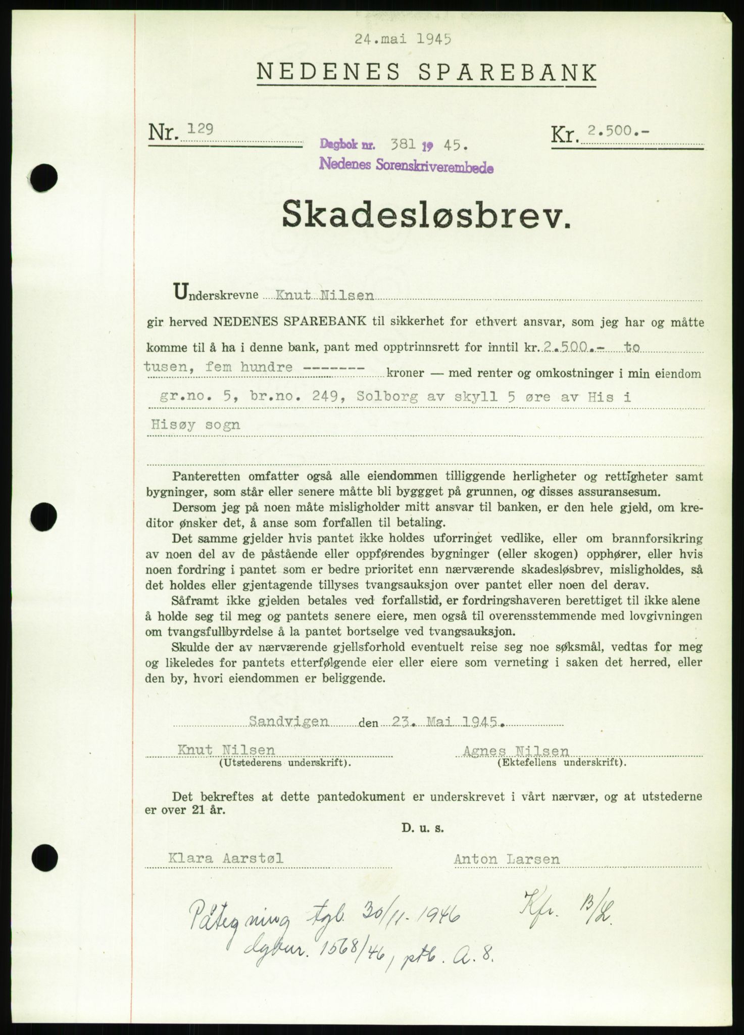 Nedenes sorenskriveri, SAK/1221-0006/G/Gb/Gbb/L0002: Pantebok nr. II, 1942-1945, Dagboknr: 381/1945