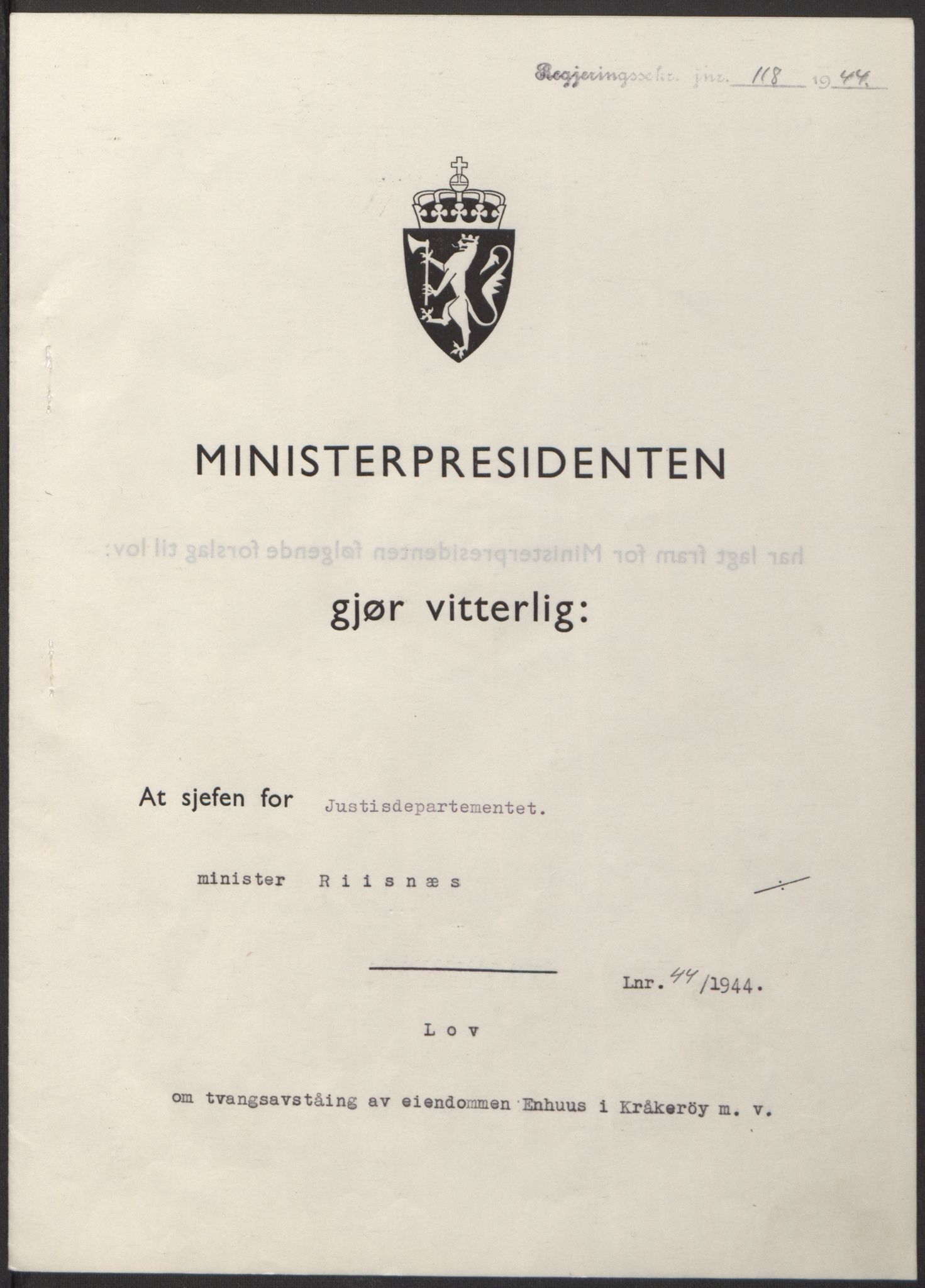 NS-administrasjonen 1940-1945 (Statsrådsekretariatet, de kommisariske statsråder mm), AV/RA-S-4279/D/Db/L0100: Lover, 1944, s. 209