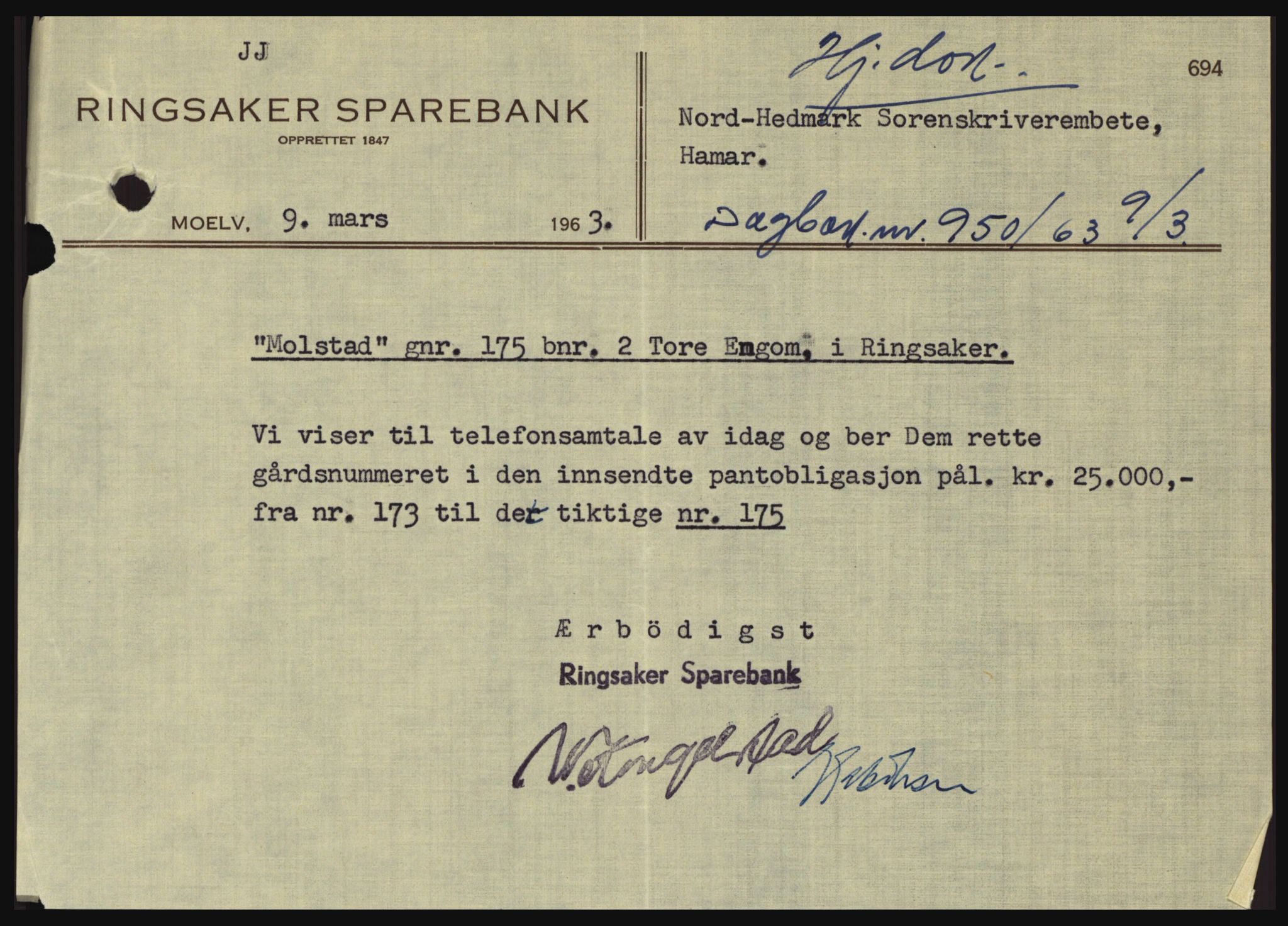 Nord-Hedmark sorenskriveri, SAH/TING-012/H/Hc/L0017: Pantebok nr. 17, 1962-1963, Dagboknr: 950/1963